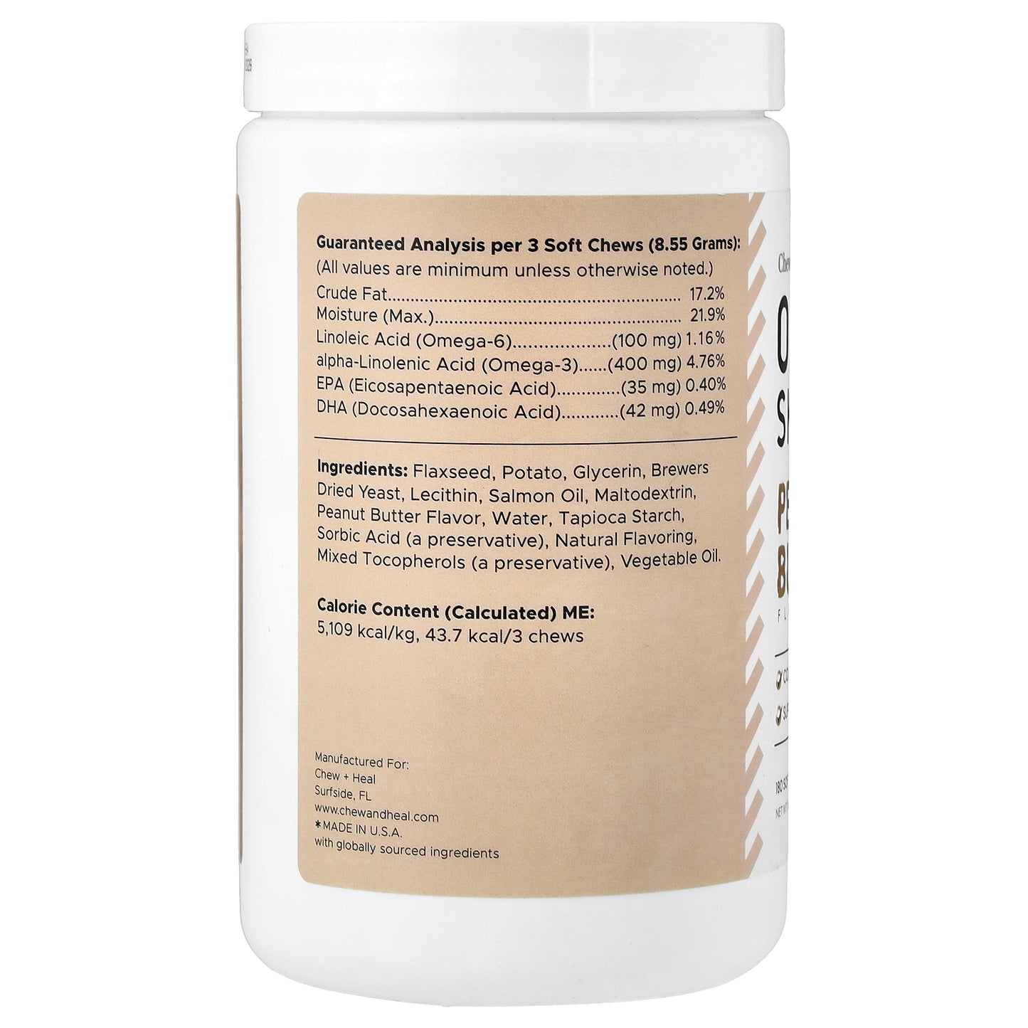 Chew + Heal, Omega Skin + Coat, For Dogs and Cats, Peanut Butter , 180 Soft Chews, 18 oz (513 g)