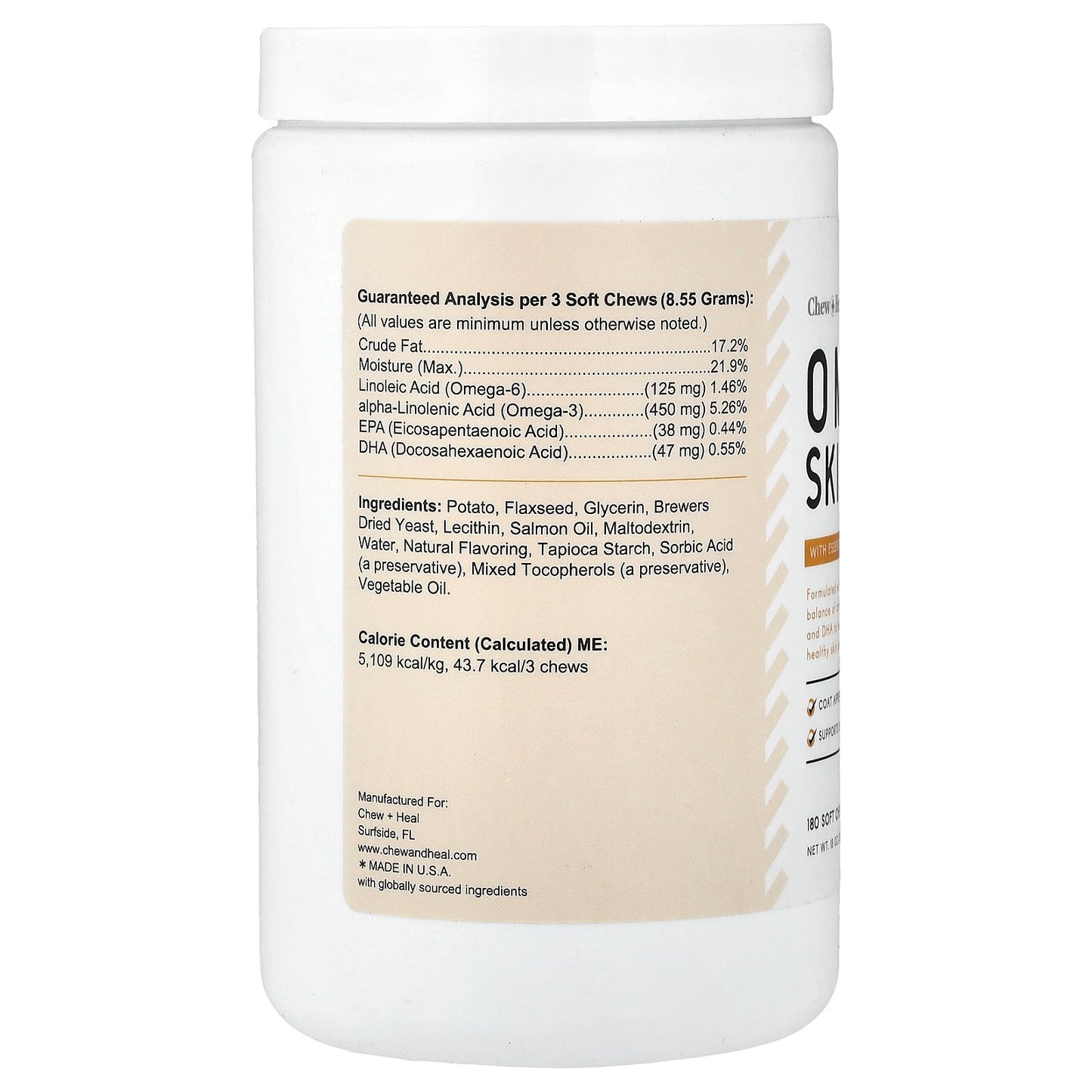 Chew + Heal, Omega Skin + Coat, with Essential Fatty Acids, For Dogs and Cats, 180 Soft Chew, 18 oz (513 g)