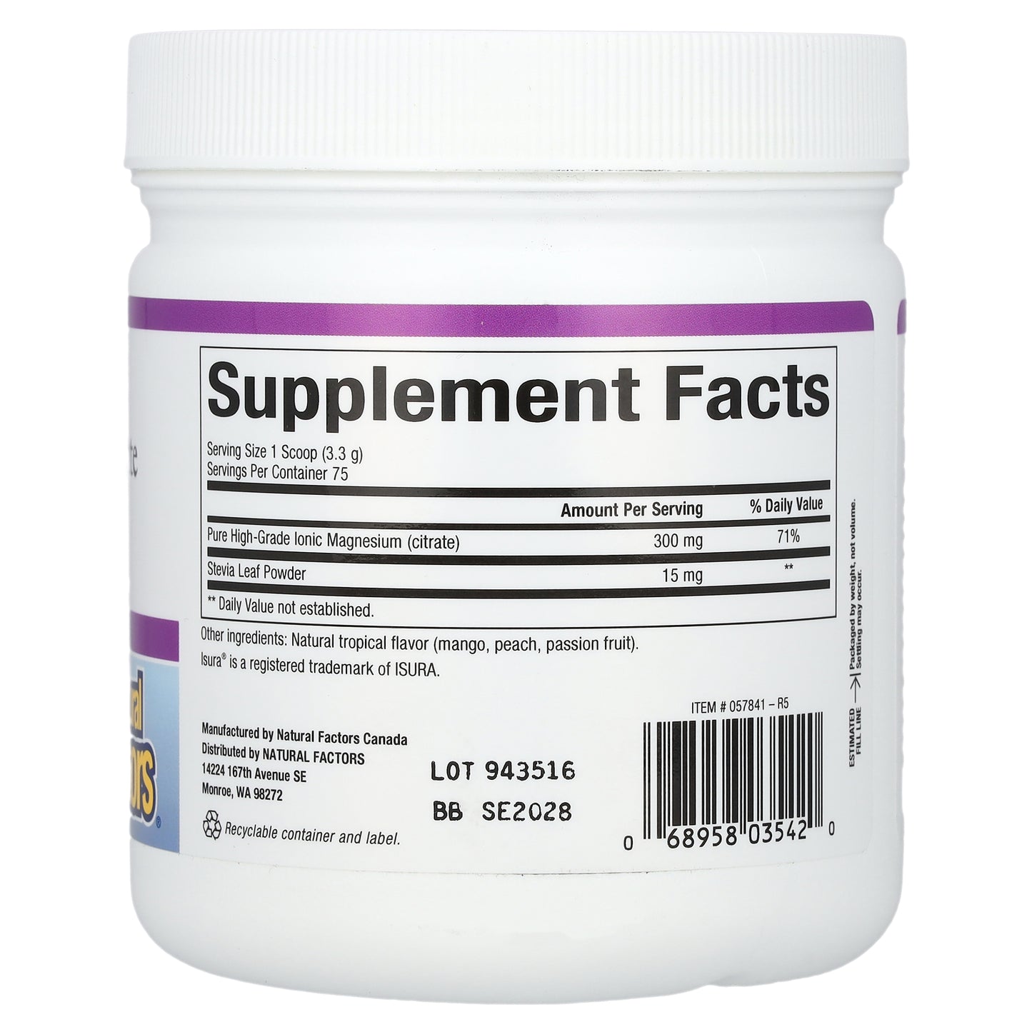 Natural Factors, Magnesium Citrate, Tropical Drink Mix, 8.8 oz (250 g)