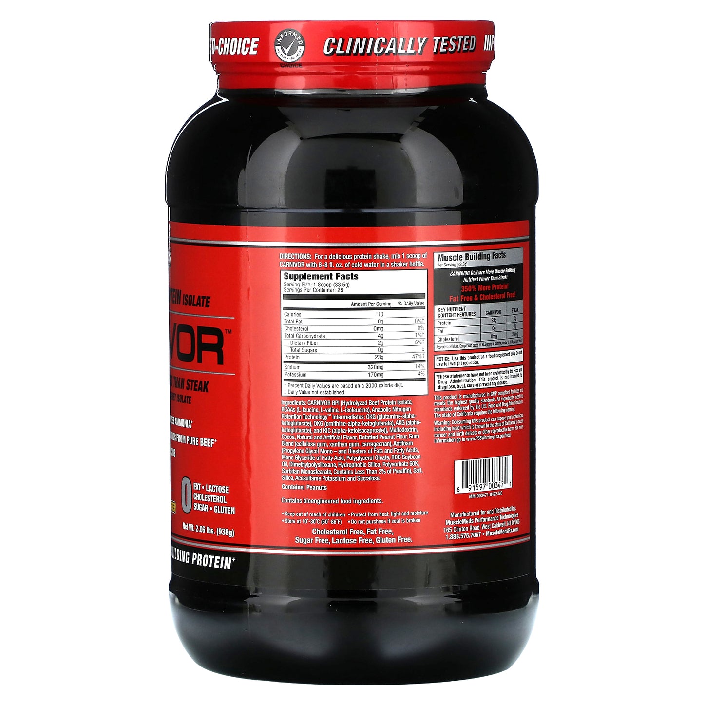 MuscleMeds, Carnivor, Bioengineered Beef Protein Isolate, Chocolate Peanut Butter, 2.06 lbs (938 g)