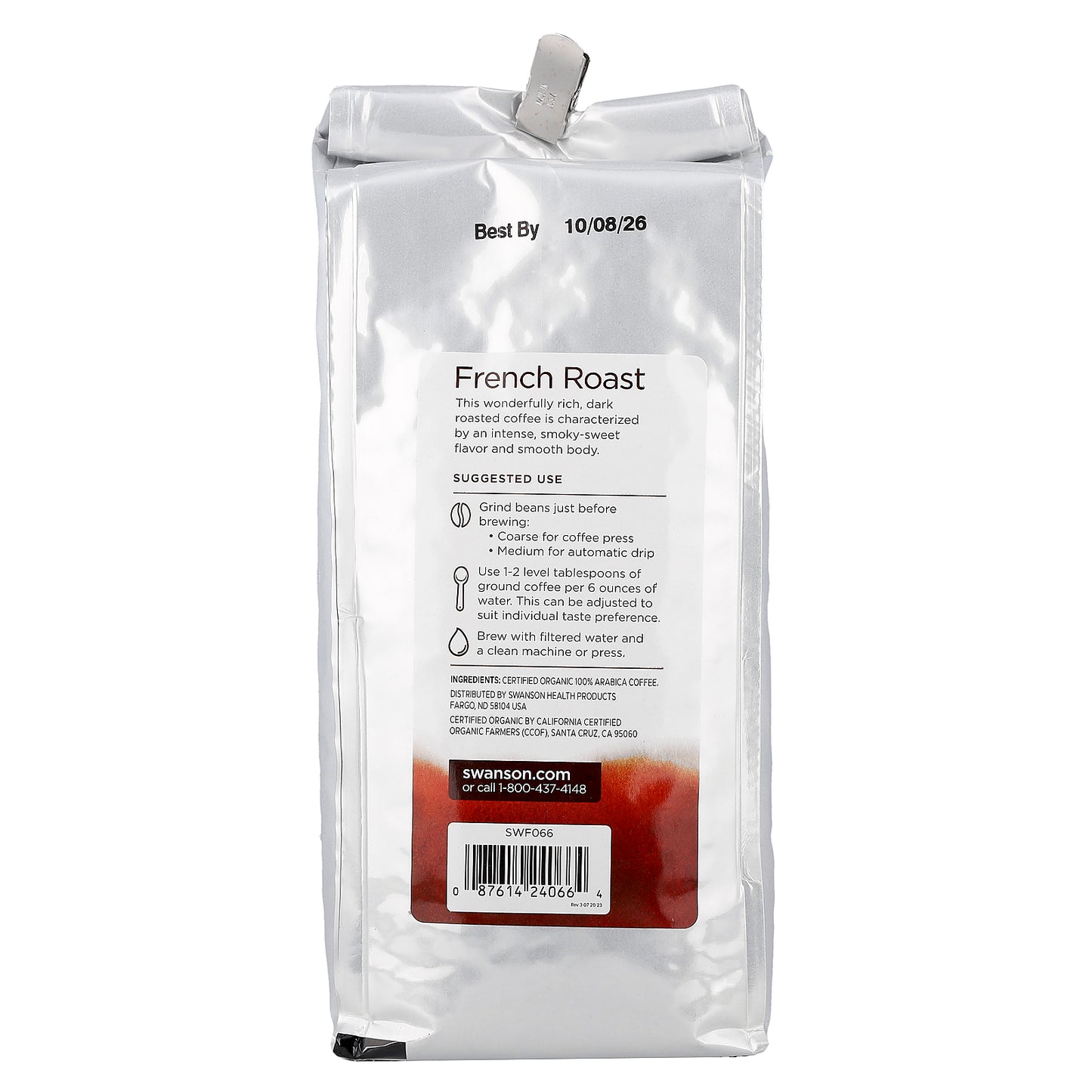 Swanson, Organic French Roast Coffee, Whole Bean, Dark Roast, 16 oz (454 g)