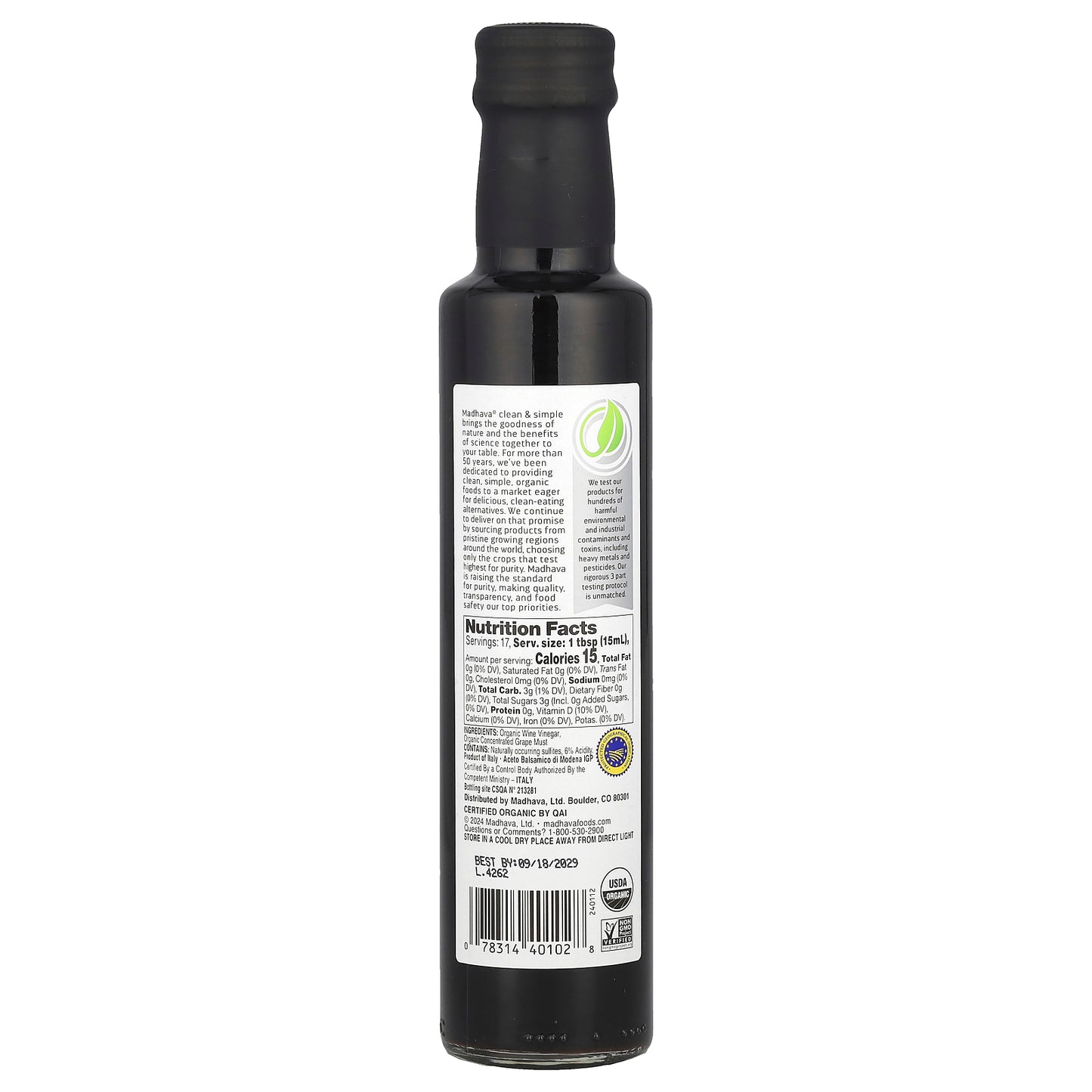 Madhava, Clean & Simple, Organic Balsamic Vinegar of Modena, 8.45 fl oz (250 ml)