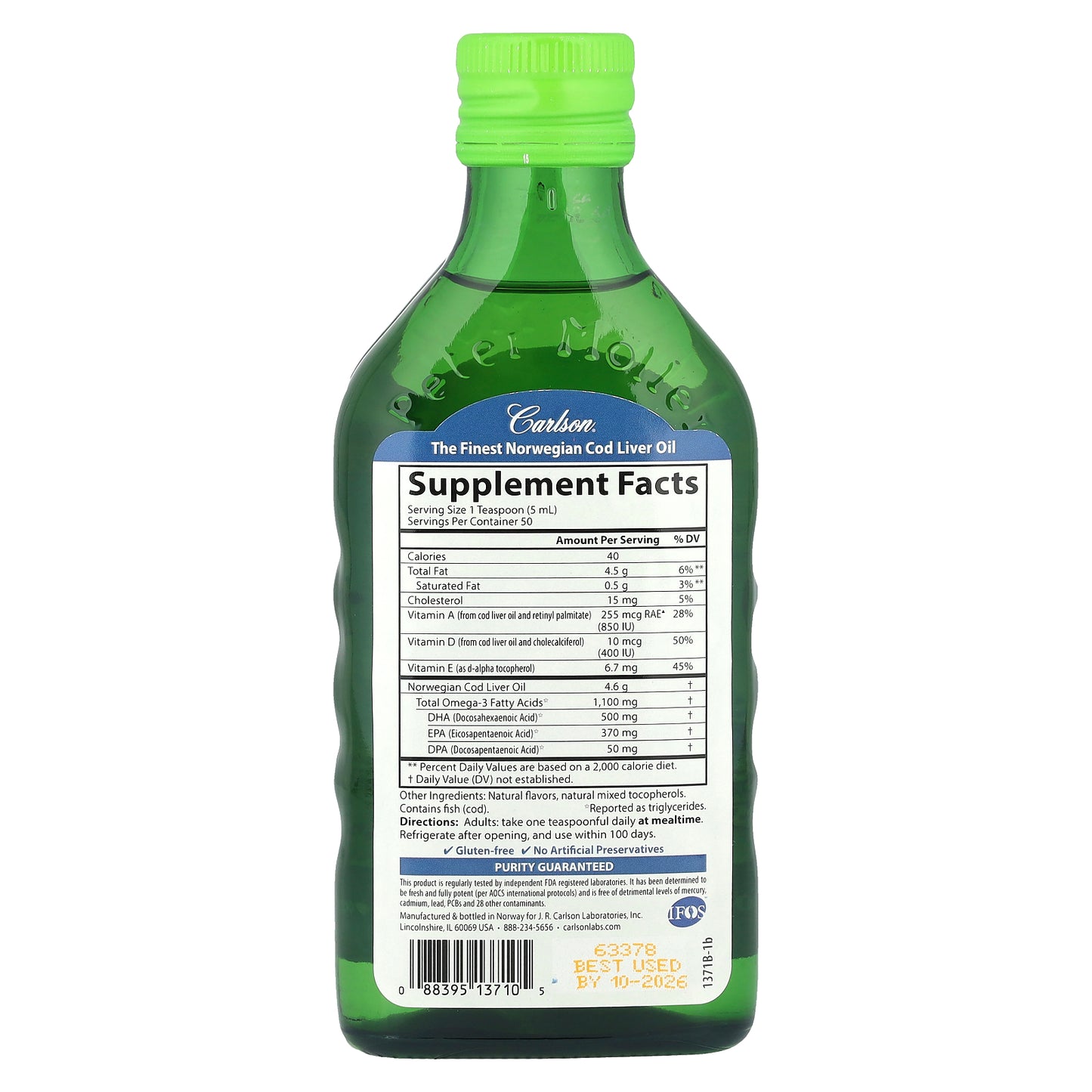 Carlson, Cod Liver Oil, Natural Green Apple , 1,100 mg, 8.4 fl oz (250 ml)