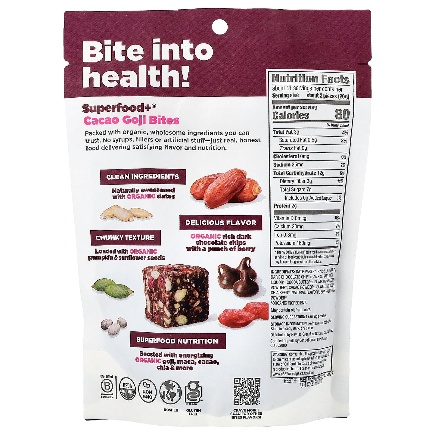 Navitas Organics, Superfood+®, Cacao Goji Bites, 8 oz (227 g)