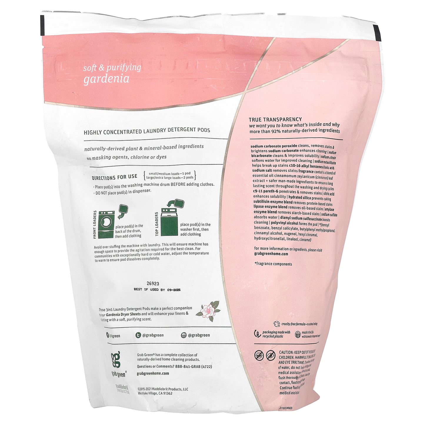 Grab Green, 3-in-1 Laundry Powder Detergent Pods, Gardenia, 60 Loads, 2 lbs 2 oz (960 g)