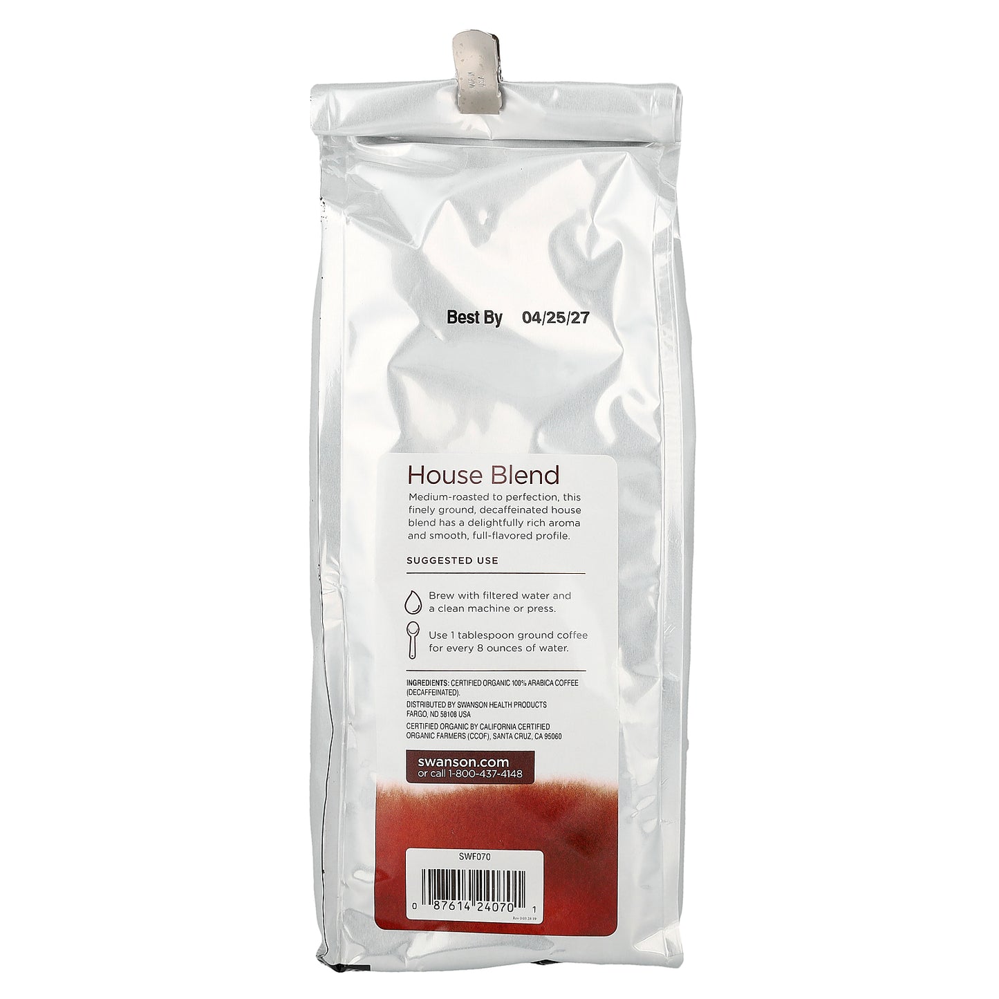 Swanson, Organic House Blend Coffee, Ground, Medium Roast, Decaf, 1 lb (454 g)