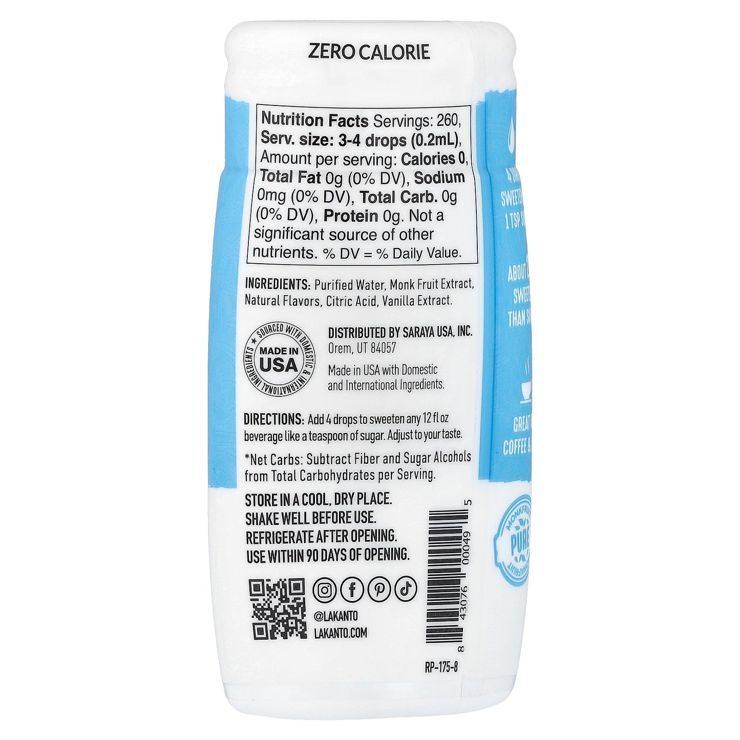 Lakanto, Monkfruit Sweetener Drops, Vanilla, 1.76 fl oz (52 ml)