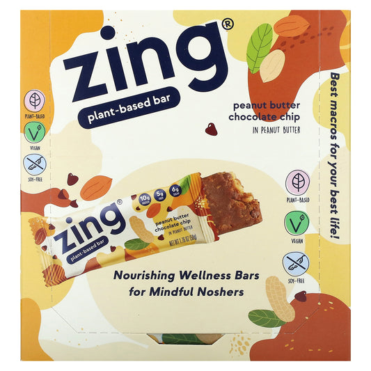 Zing Bars, Plant-Based Bar, Peanut Butter Chocolate Chip In Peanut Butter, 12 Bars, 1.76 oz (50 g) Each