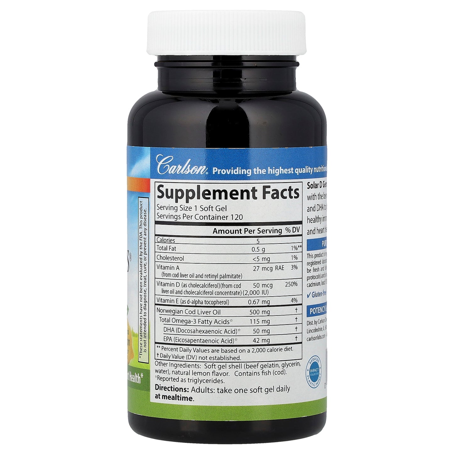 Carlson, Solar D Gems®, Vitamin D3 + Omega-3s, Natural Lemon, 120 Soft Gels