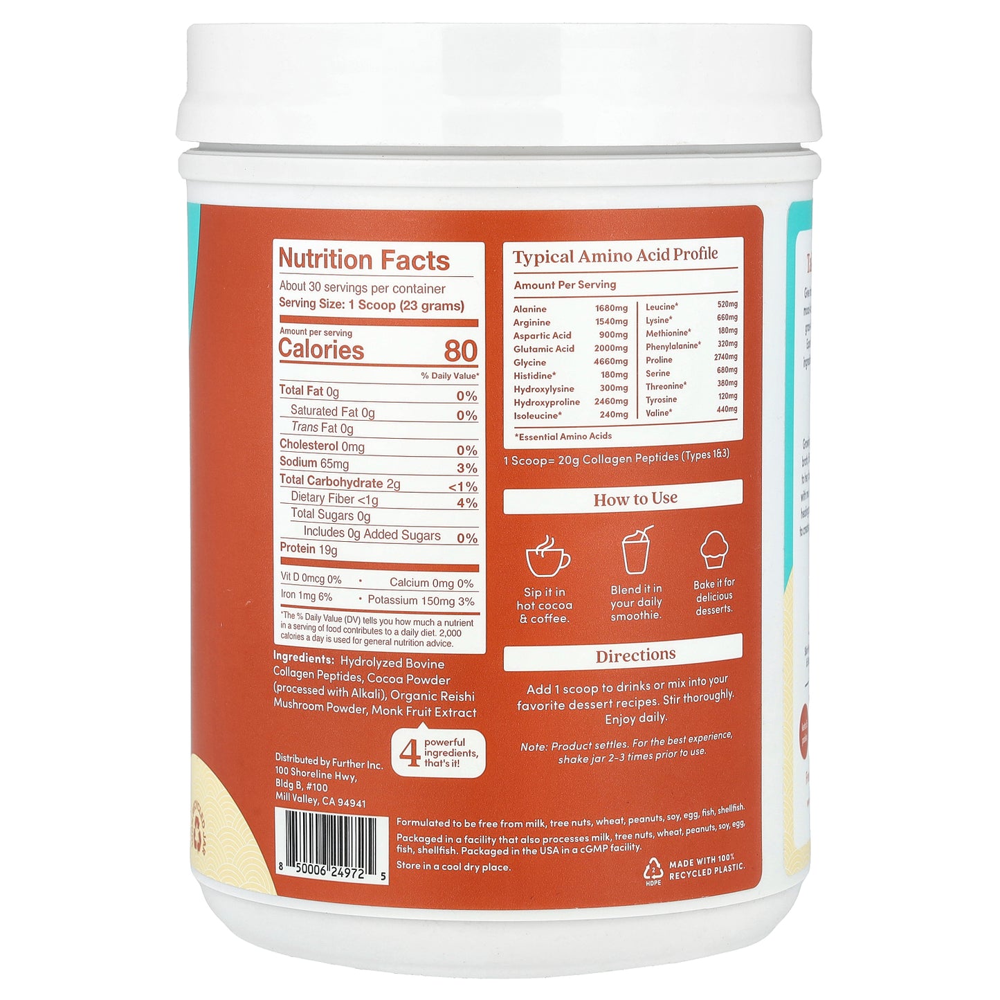 Further Food, Grass-Fed Collagen Peptides + Reishi Mushroom, Chocolate, 24.34 oz (690 g)