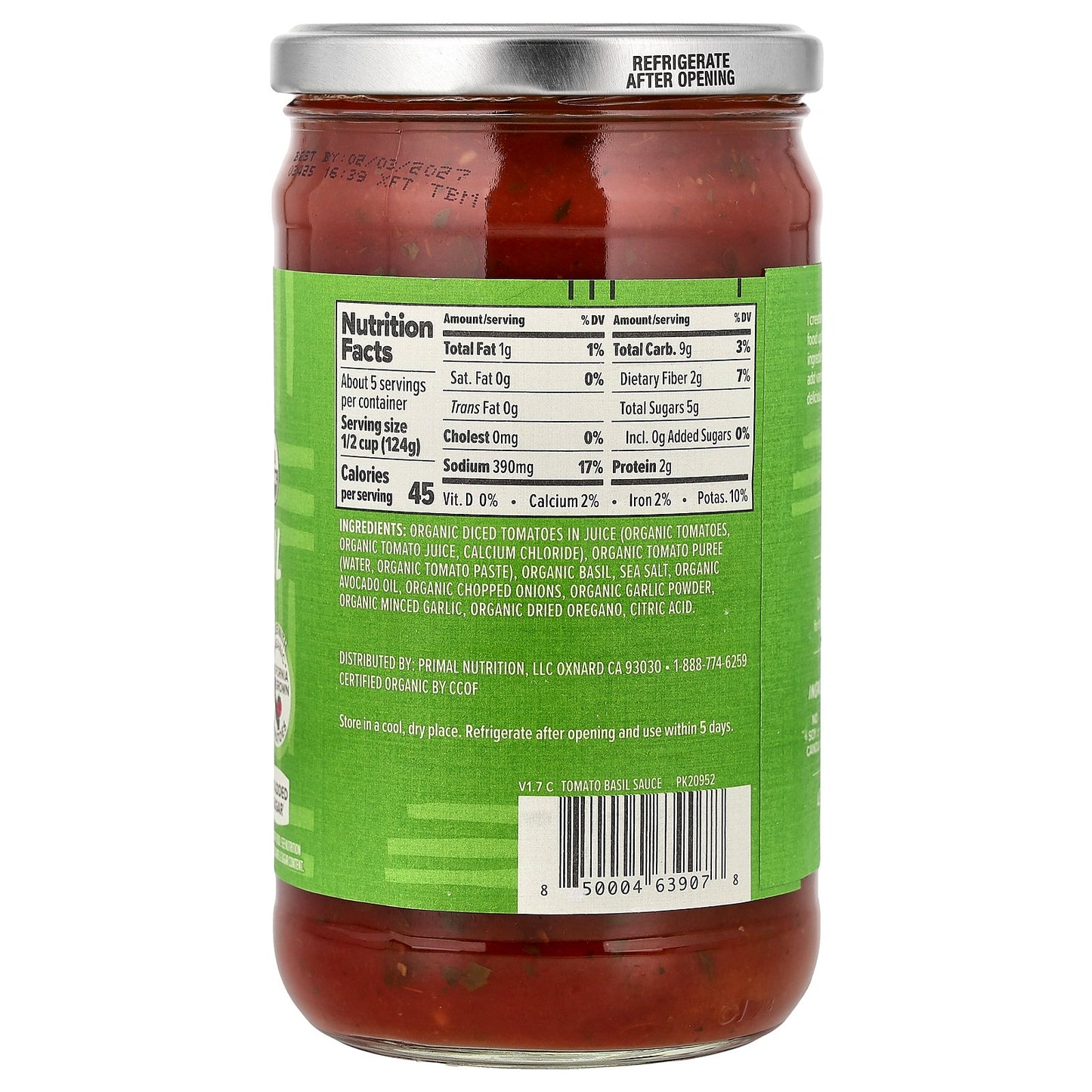 Primal Kitchen, Pasta Sauce, Organic Tomato Basil, 24 oz (680 g)