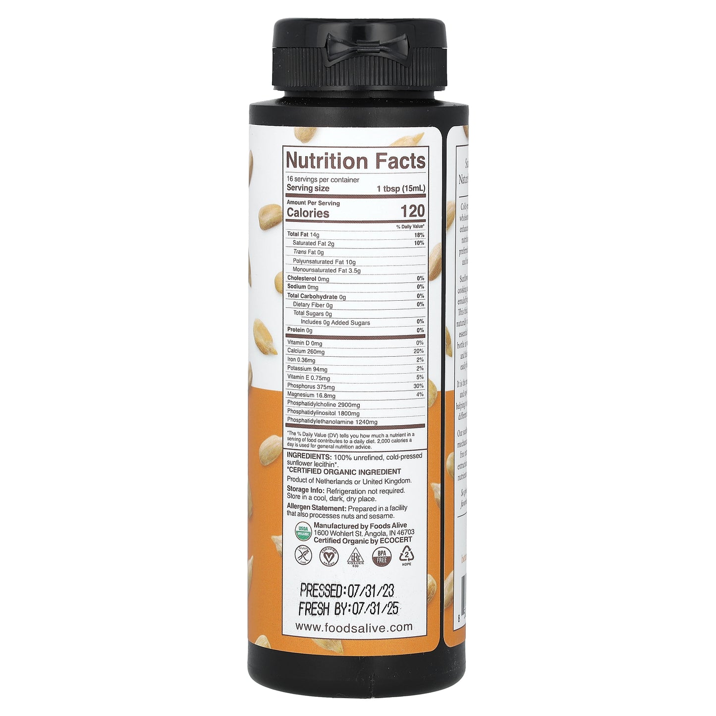 Foods Alive, Organic Sunflower Lecithin Liquid, 8 fl oz (236 ml)