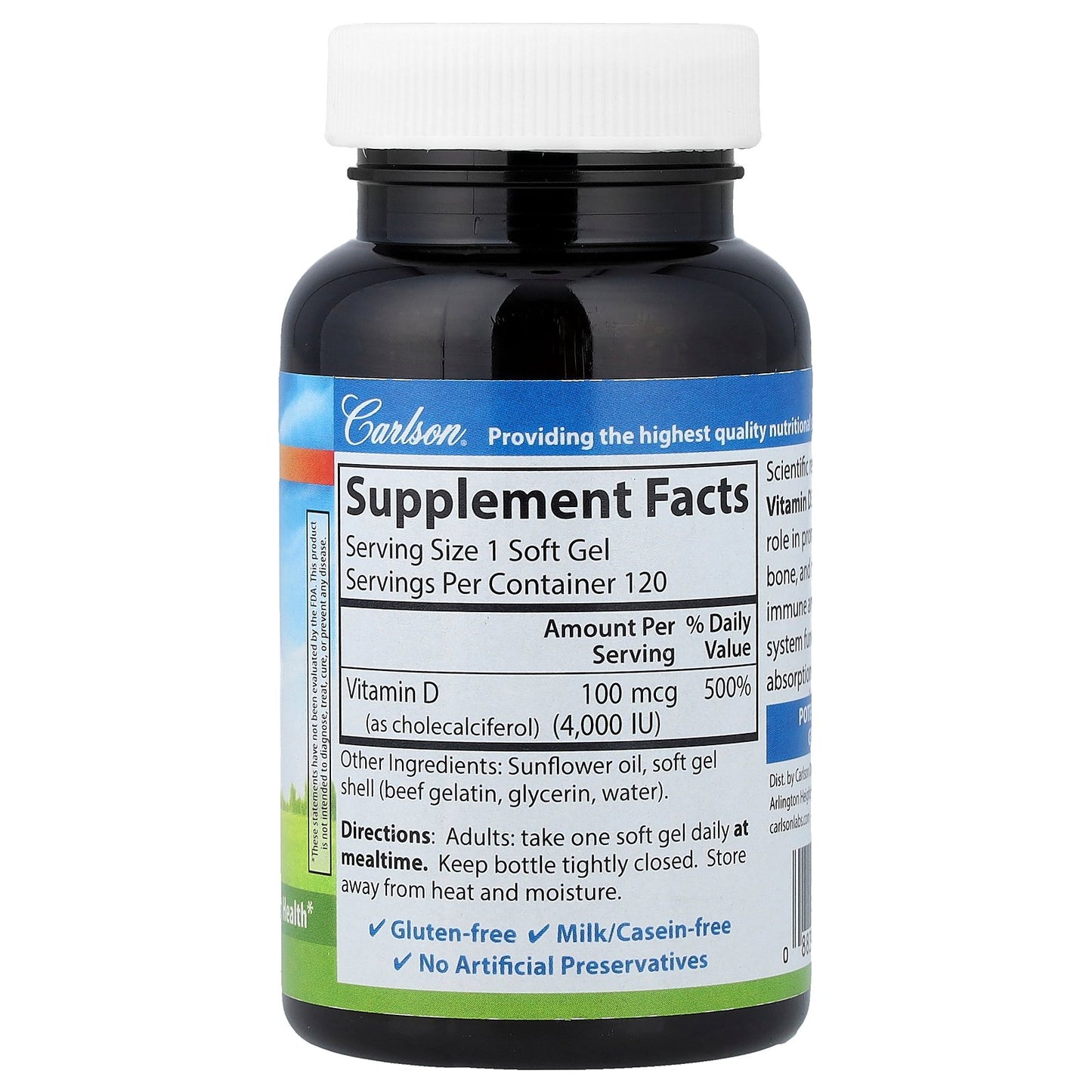 Carlson, Vitamin D3, 100 mcg (4,000 IU), 120 Soft Gels