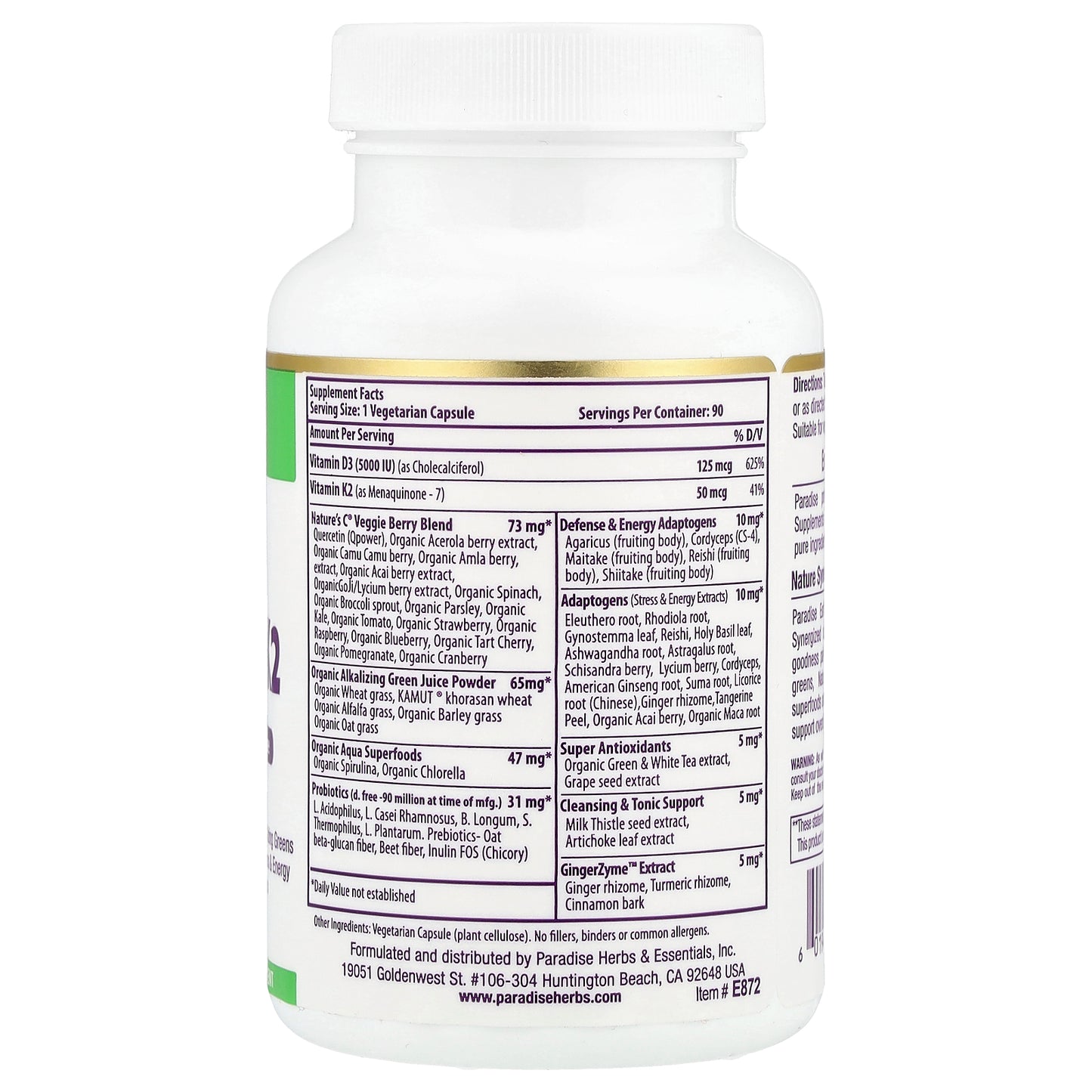 Paradise Herbs, Earth's Blend®, Vitamin D3 + K2, 90 Vegetarian Capsules