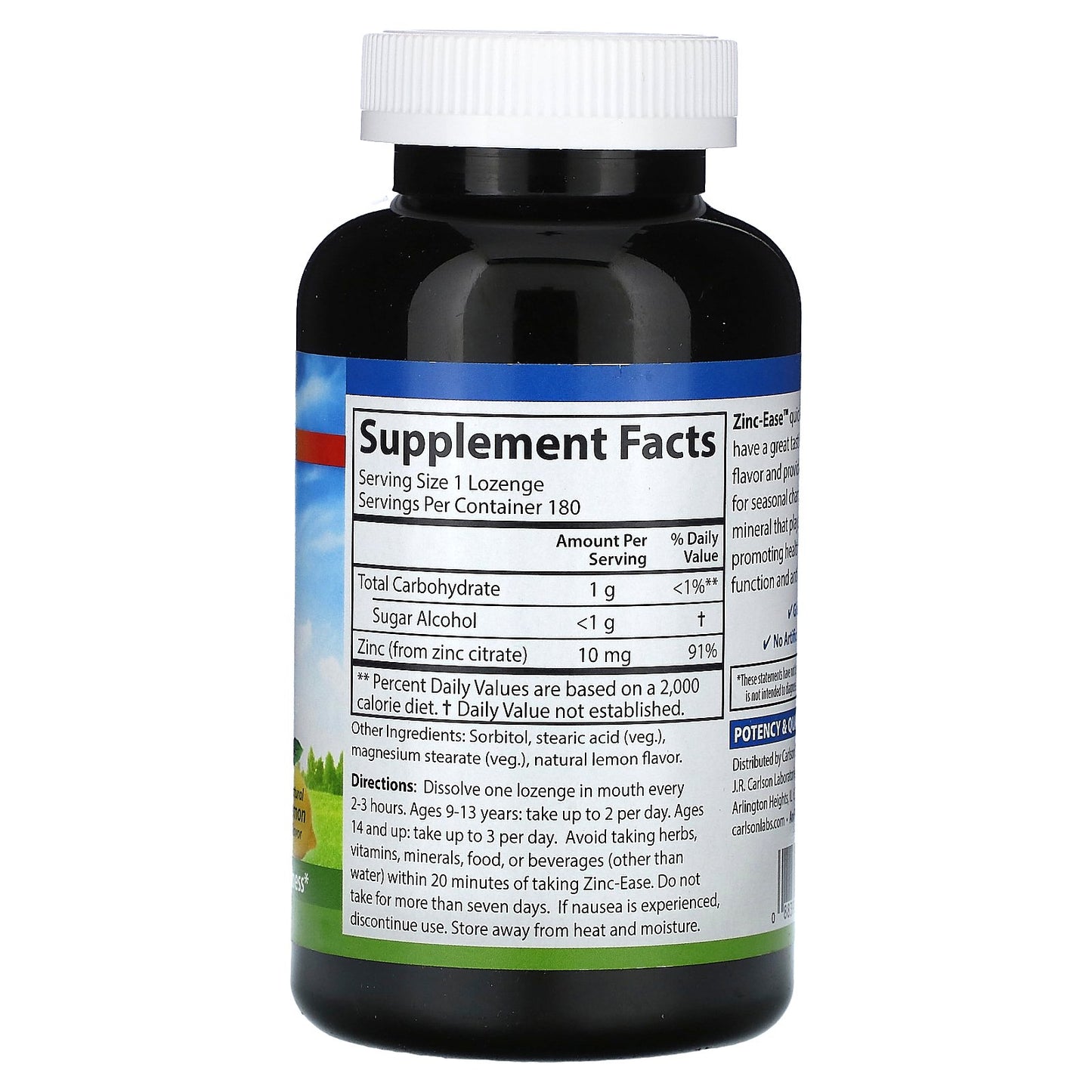 Carlson, Zinc-Ease Soothing Lozenge, Natural Lemon, 180 Lozenges (10 mg Per Lozenge)