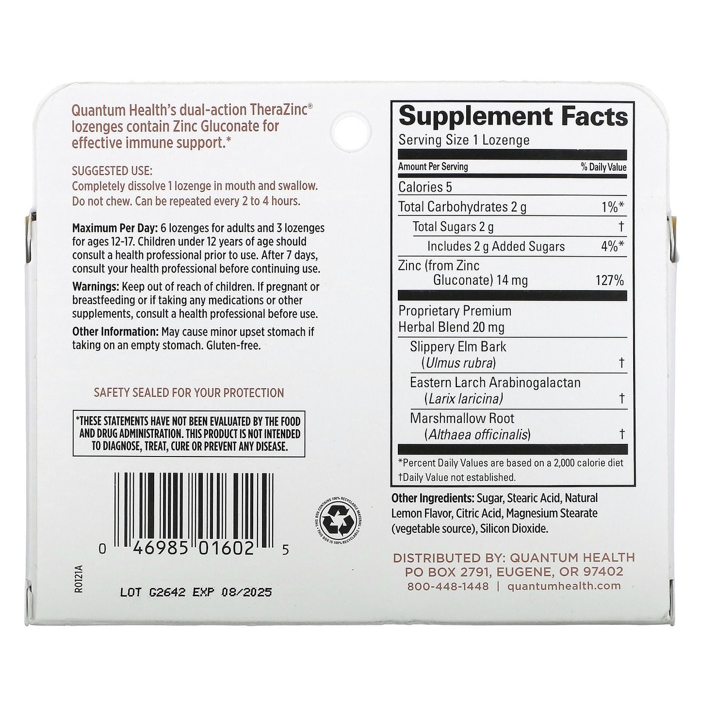 Quantum Health, TheraZinc, Immune Support, Lemon, 24 Lozenges