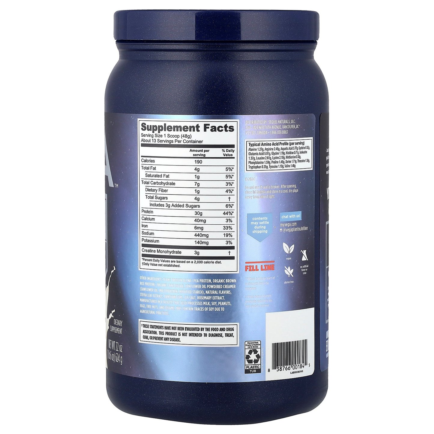 Vega, Plant-Based Performance Protein + Creatine, Creamy Vanilla , 1 lb 6 oz (624 g)
