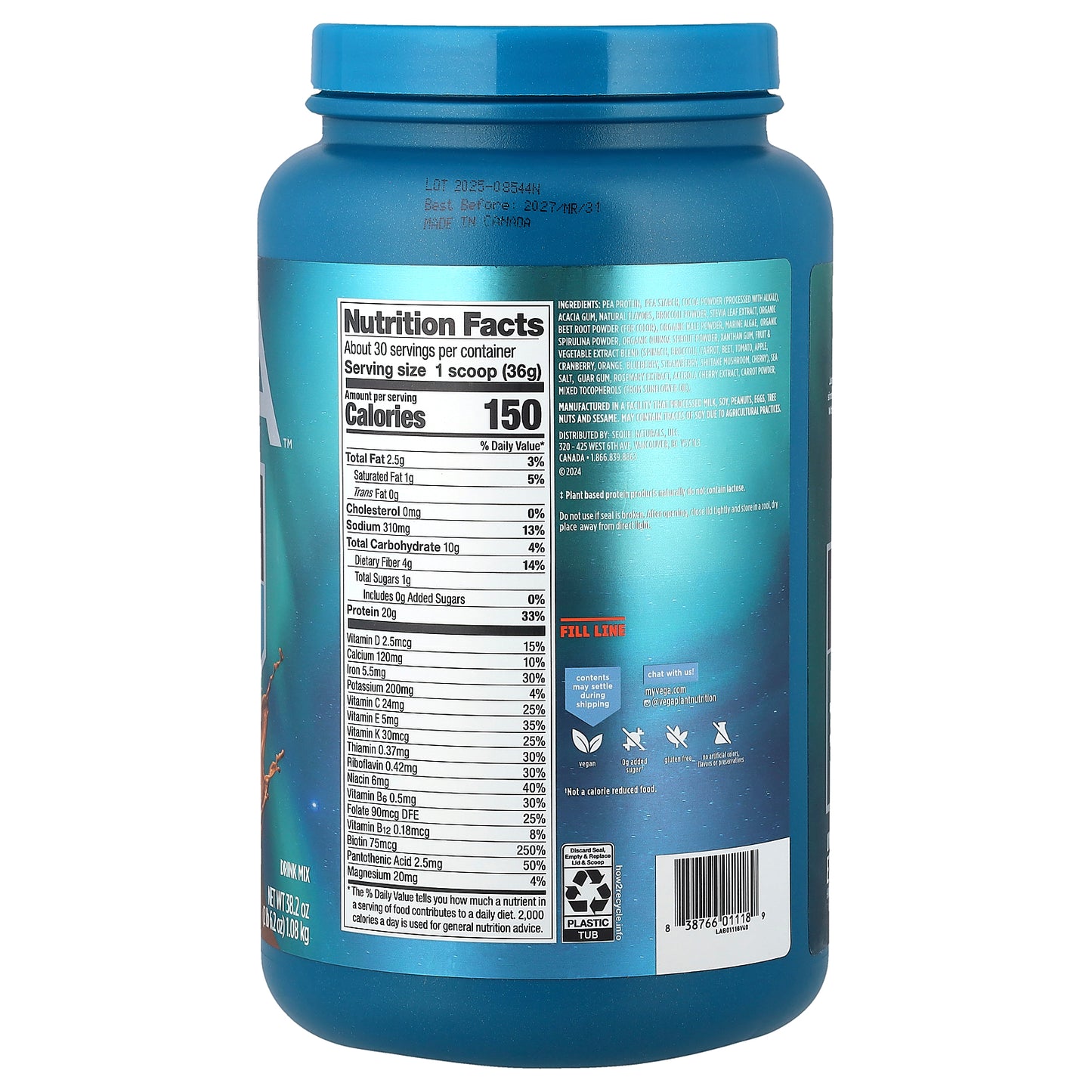 Vega, Plant-Based Protein, Premium Protein + Nutrition, Chocolate , 2 lb 6.2 oz (1.08 kg)