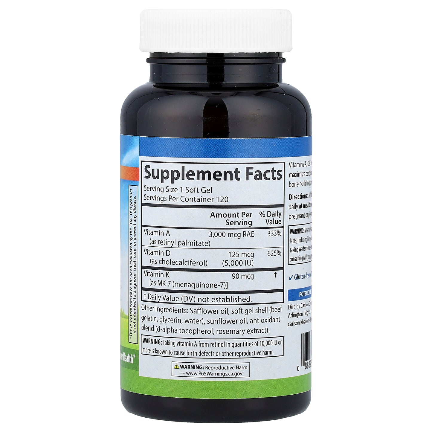 Carlson, Vitamins A - D3 - K2, 120 Soft Gels