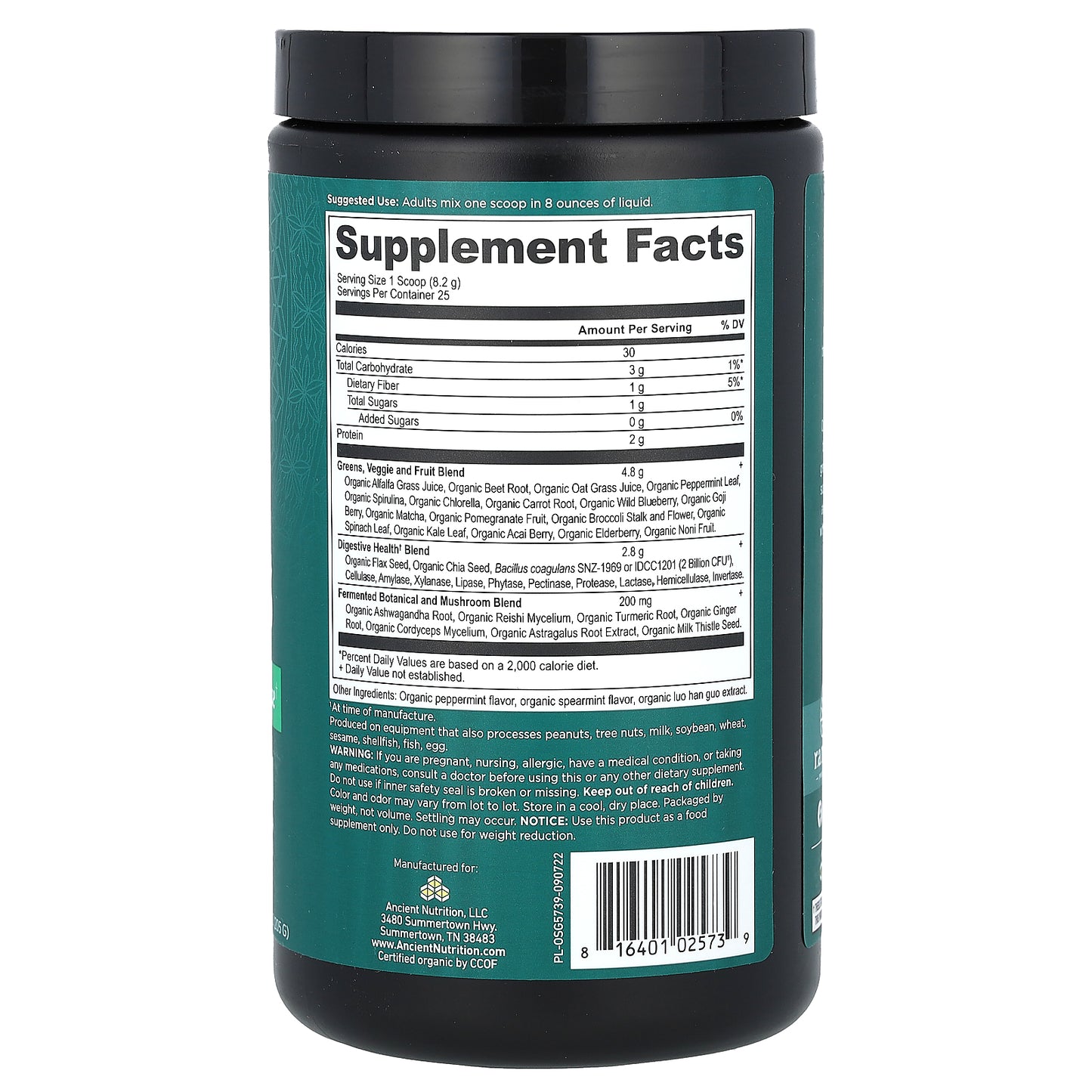 Ancient Nutrition, Organic SuperGreens, Mint, 7.23 oz (205 g)