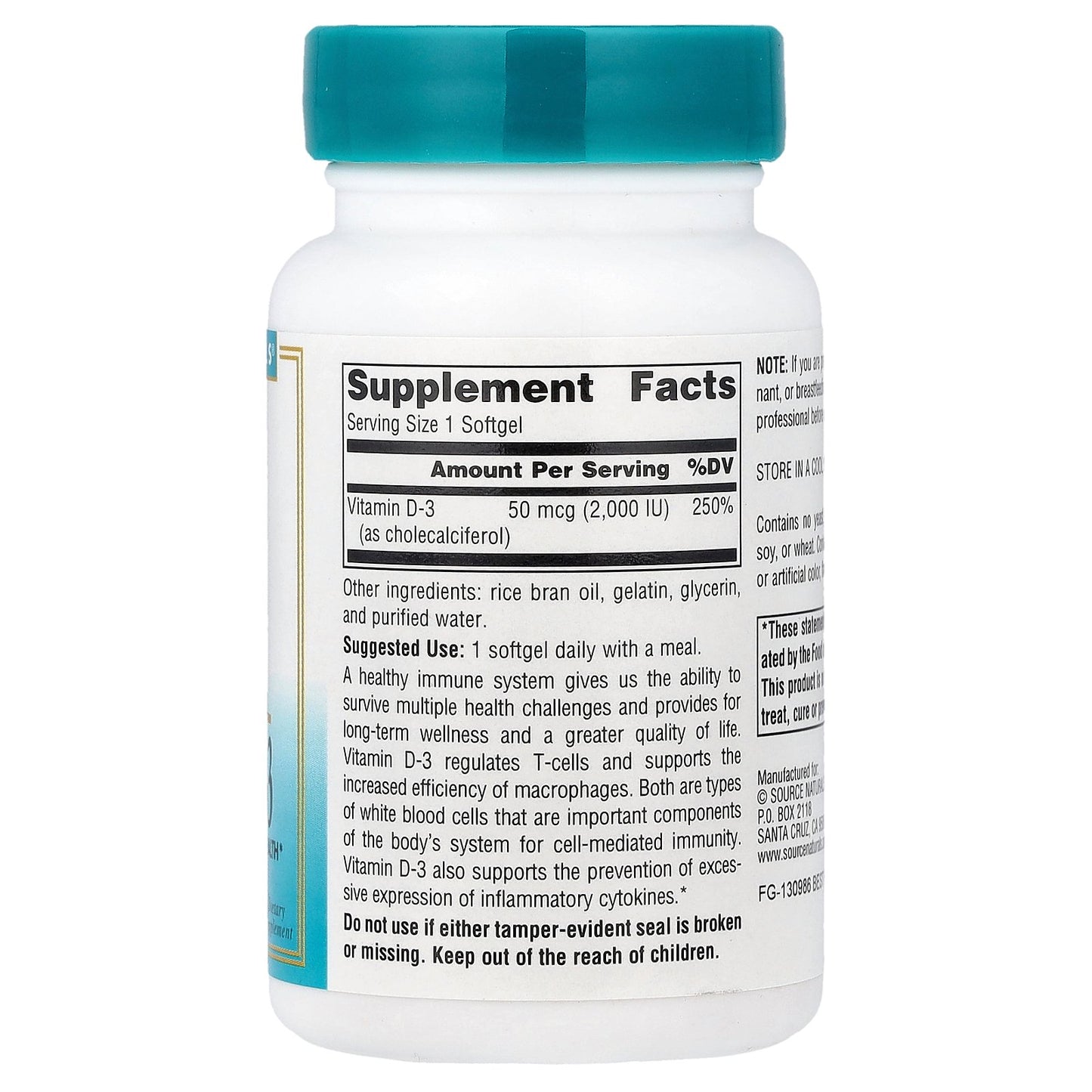 Source Naturals, Wellness, Vitamin D-3, 50 mcg (2,000 IU), 200 Softgels