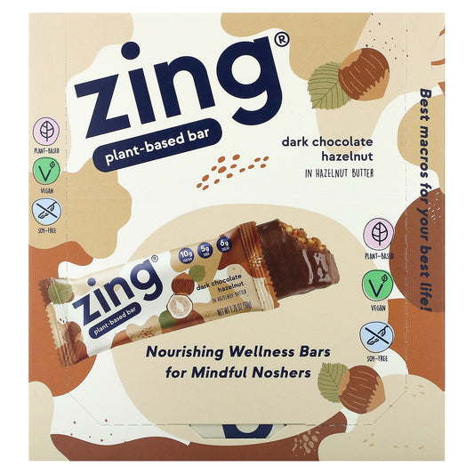 Zing Bars, Plant-Based Bar, Dark Chocolate Hazelnut In Hazelnut Butter, 12 Bars, 1.76 oz (50 g) Each