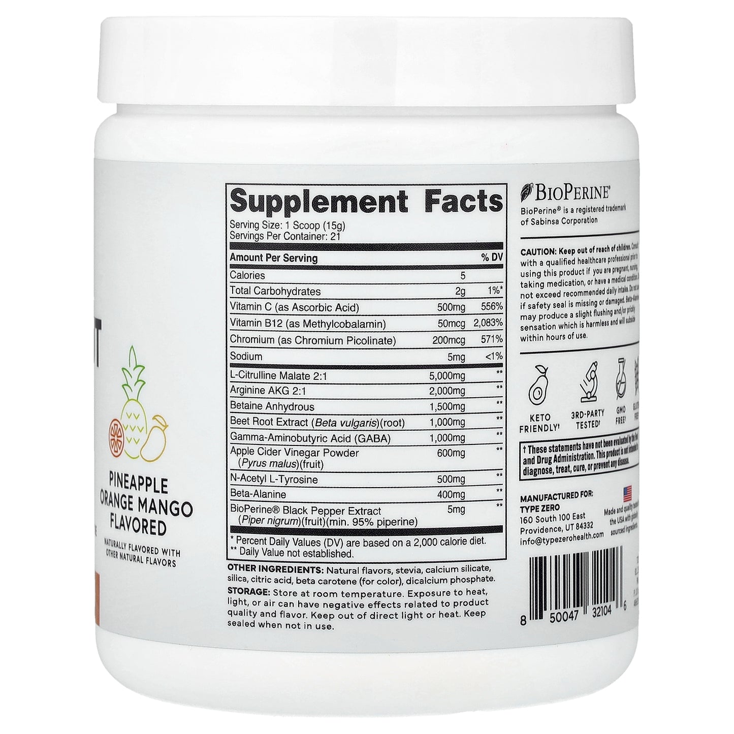 TypeZero, Clean Pre Workout, Stim-Free N.O. Booster, Pineapple Orange Mango, 11 oz (309 g)