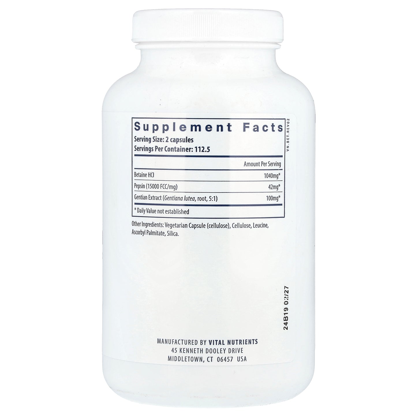 Vital Nutrients, Betaine HCl Pepsin with Gentian Root Extract, 225 Capsules