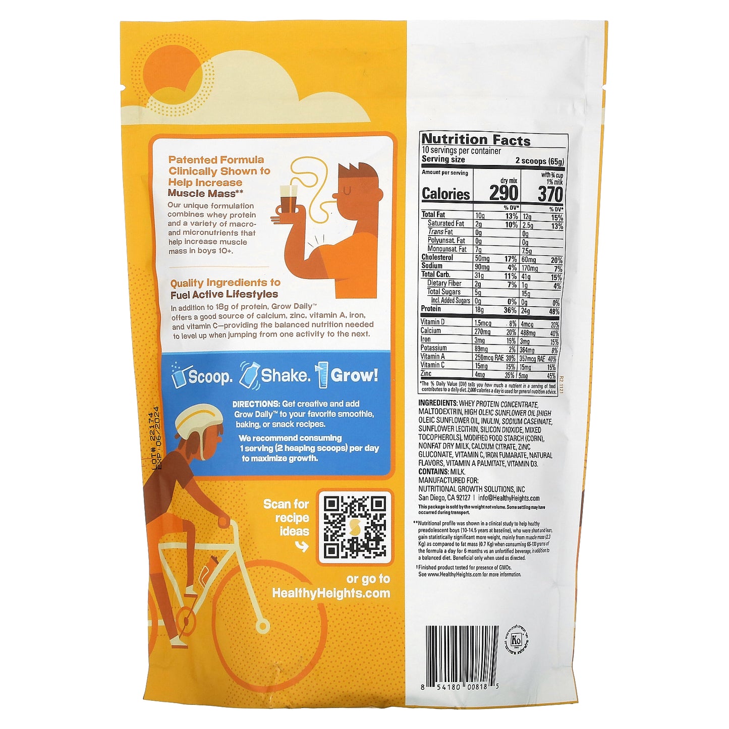Healthy Heights, Grow Daily, Whey Protein & Nutrition Mix, For Boys 10+, Plain, 22.9 oz (650 g)