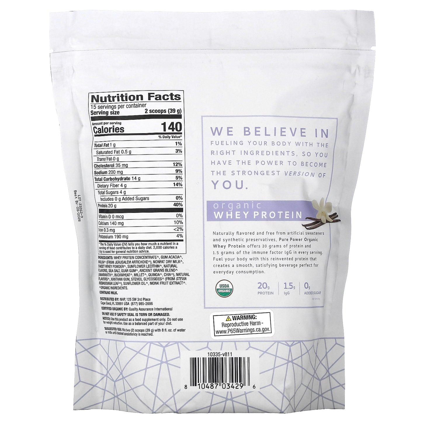 Dr. Mercola, Pure Power, Organic Whey Protein, Vanilla, 1 lb 4.6 oz (585 g)