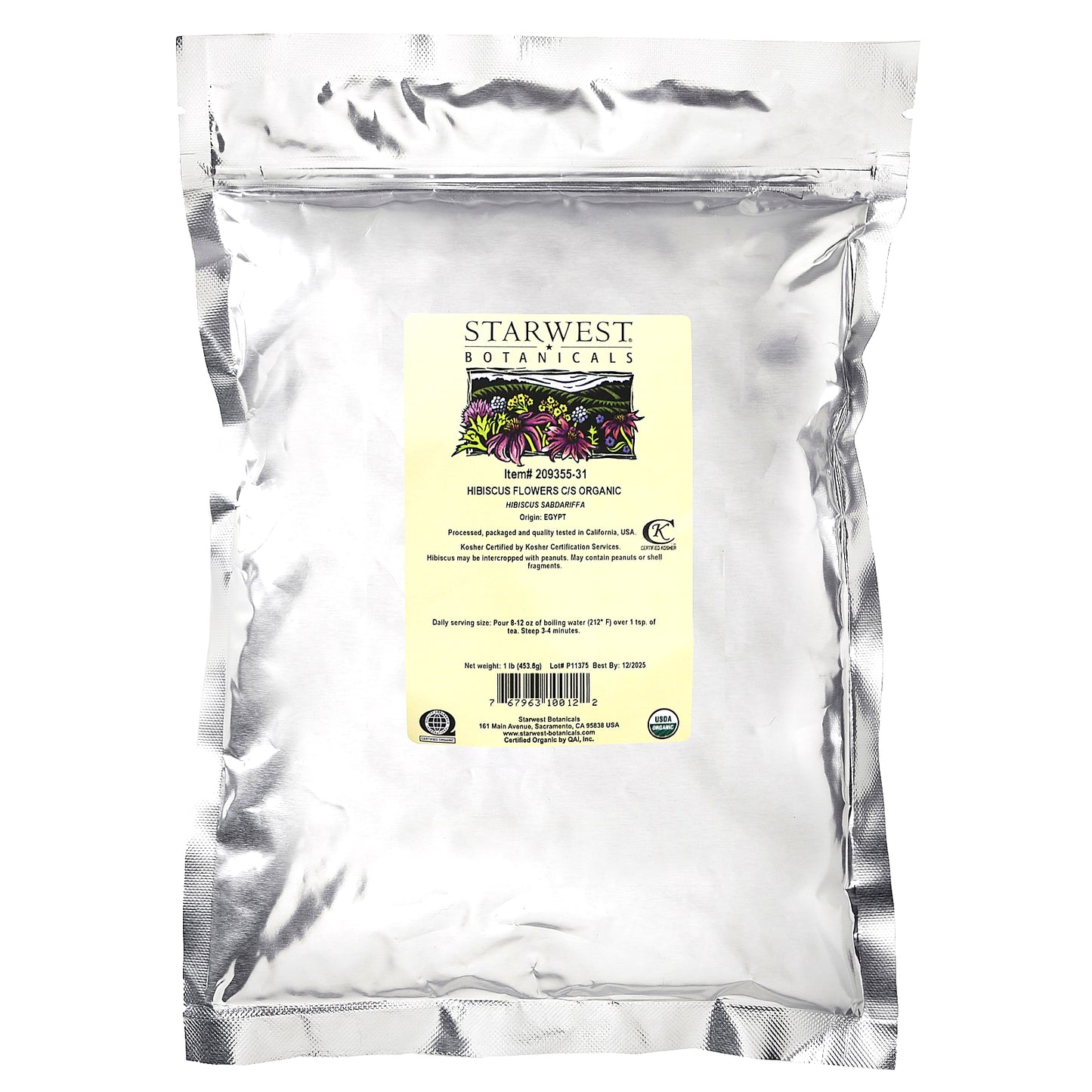 Starwest Botanicals, Organic Hibiscus Flowers, Cut & Sifted, 1 lb (453.6 g)