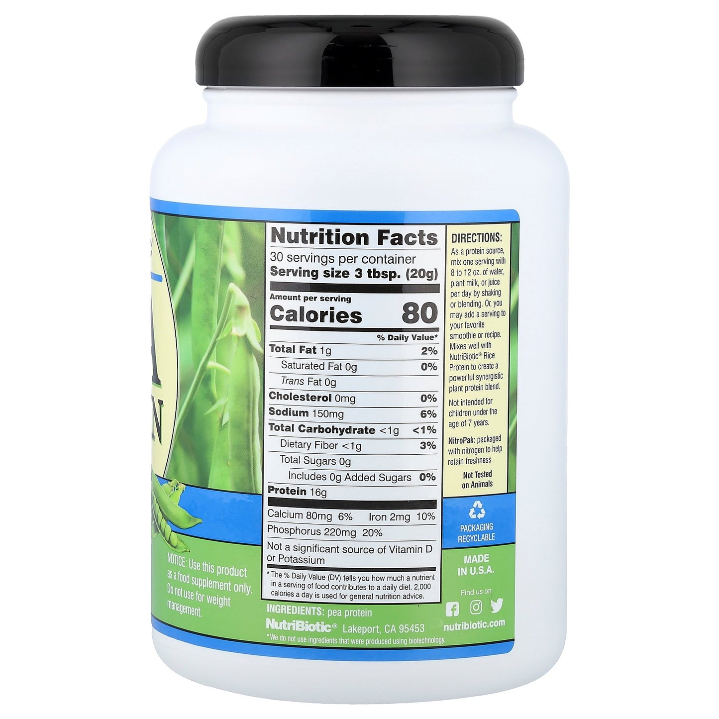 NutriBiotic, Pea Protein Powder, Plain, 1 lb 5.16 oz (600 g)