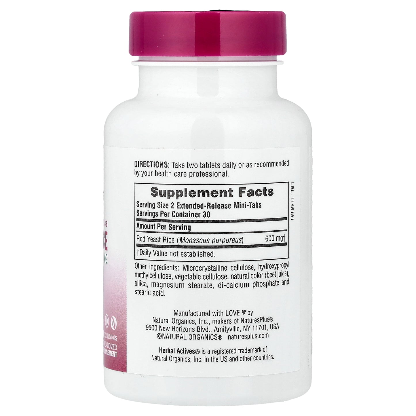 NaturesPlus, Herbal Actives, Red Yeast Rice, 60 Mini-Tabs (300 mg per Tab)