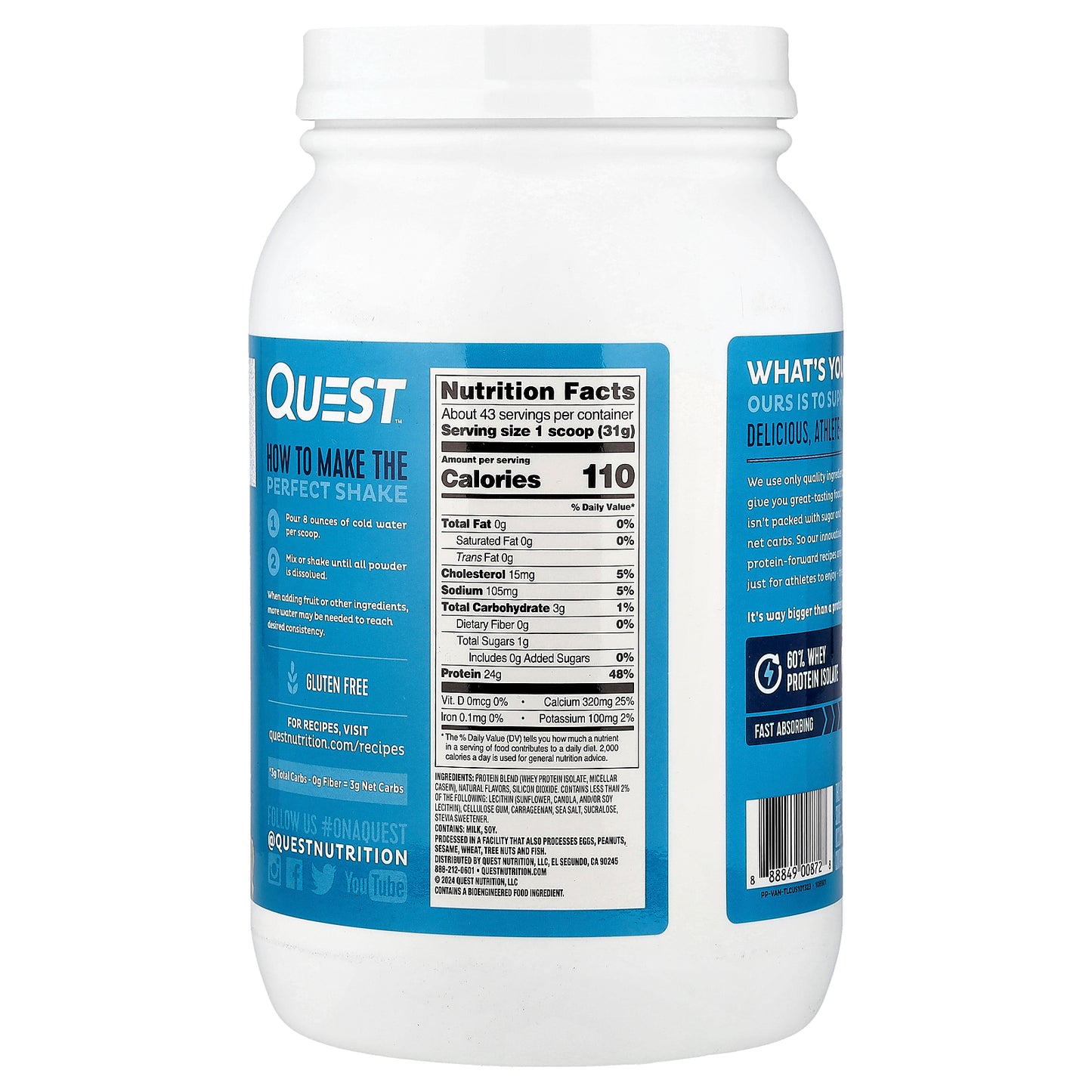 Quest Nutrition, Protein Powder, Vanilla Milkshake, 3 lb (1.36 kg)