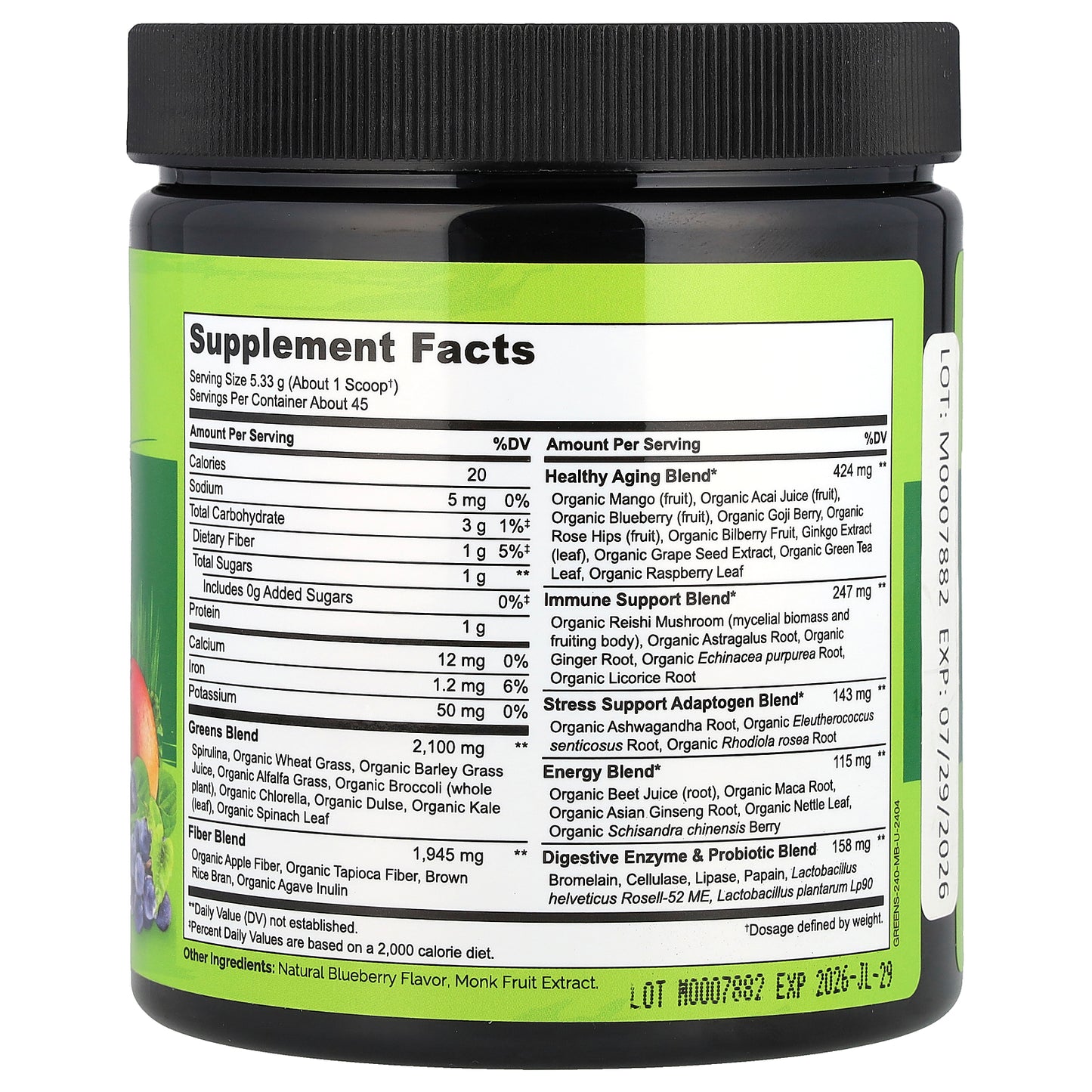 NATURELO, Raw Greens Whole Food Powder, Mixed Berry, 8.5 oz (240 g)