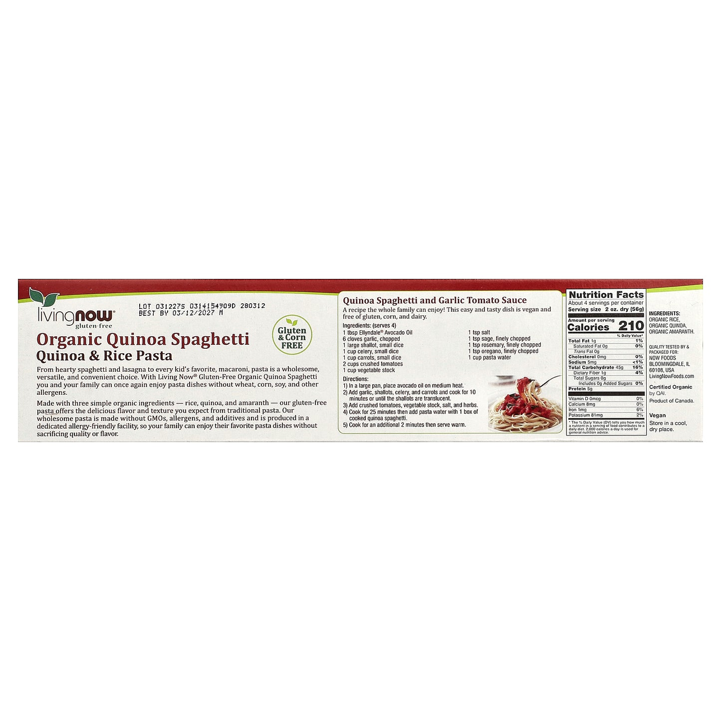 NOW Foods, Living NOW®, Organic Quinoa Spaghetti, 8 oz (227 g)