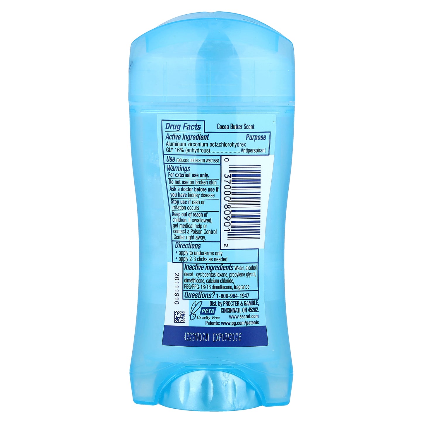 Secret, 48 Hour Clear Gel Antiperspirant/Deodorant, Cocoa Butter, 2.6 oz (73 g)