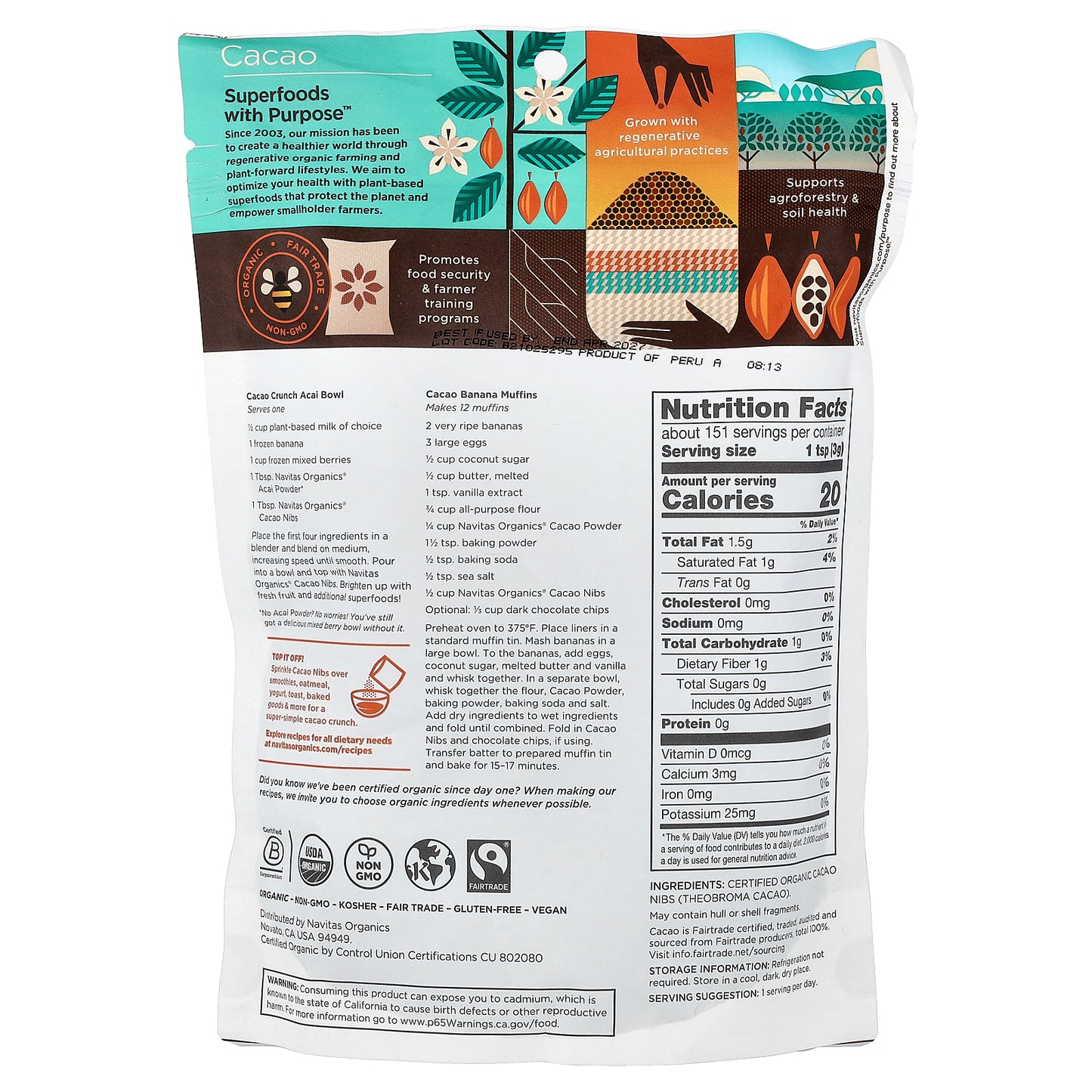 Navitas Organics, Organic Cacao Nibs, Unsweetened, 16 oz (454 g)