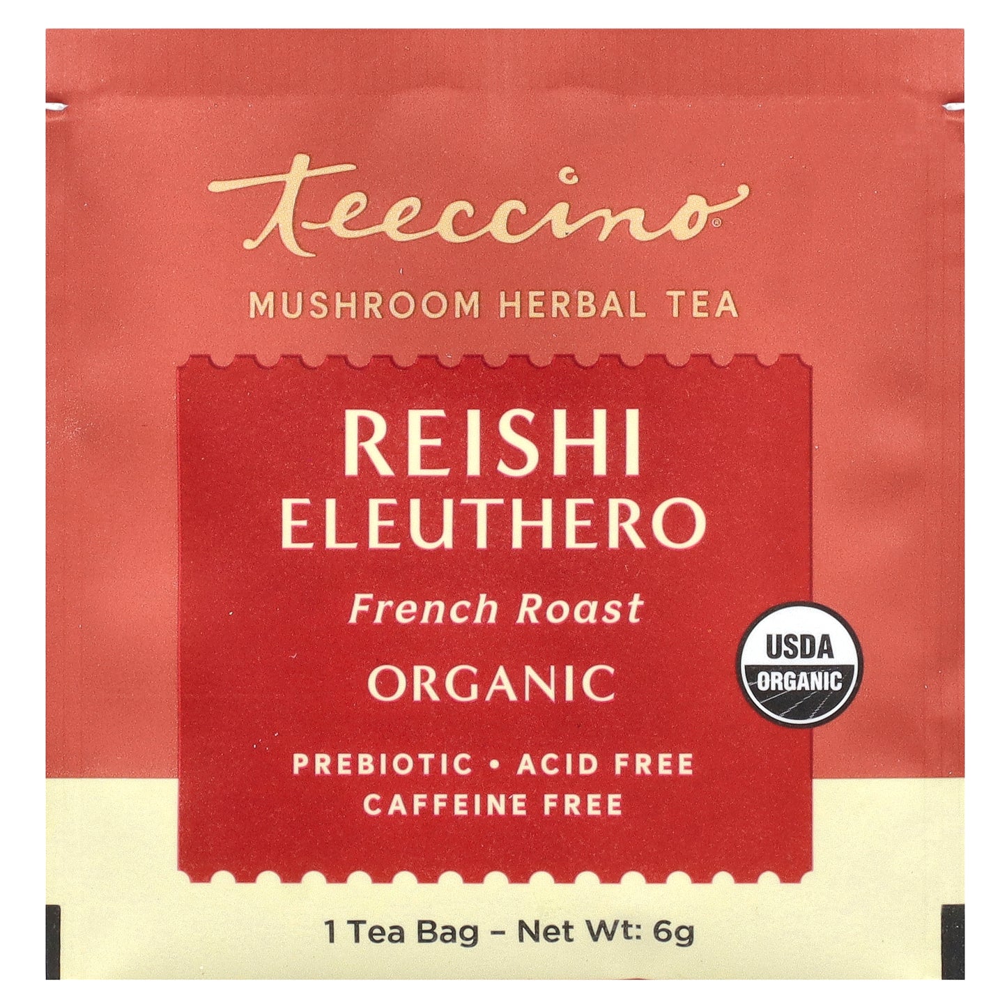 Teeccino, Mushroom Herbal Tea, Reishi Eleuthero, French Roast, Caffeine Free, 10 Tea Bags, 2.12 oz (60 g)