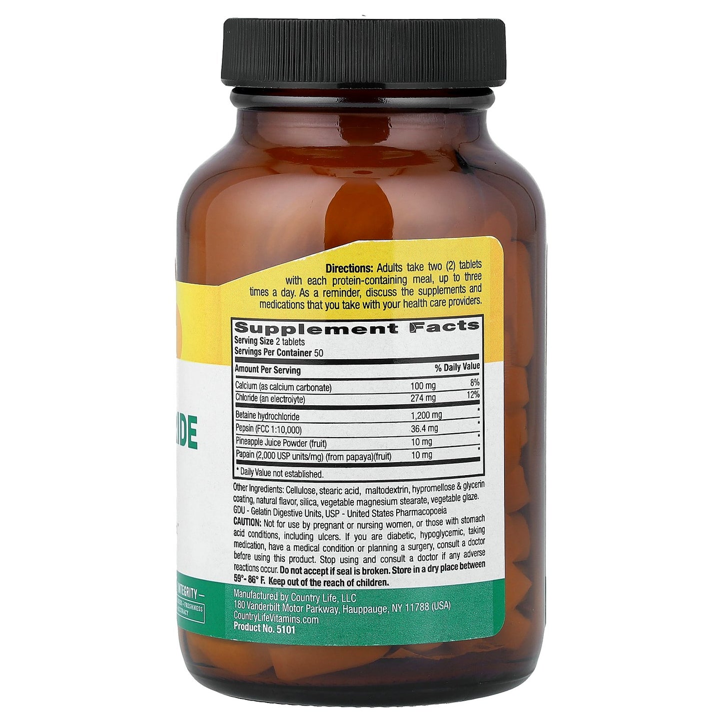 Country Life, Betaine Hydrochloride with Pepsin, 100 Tablets