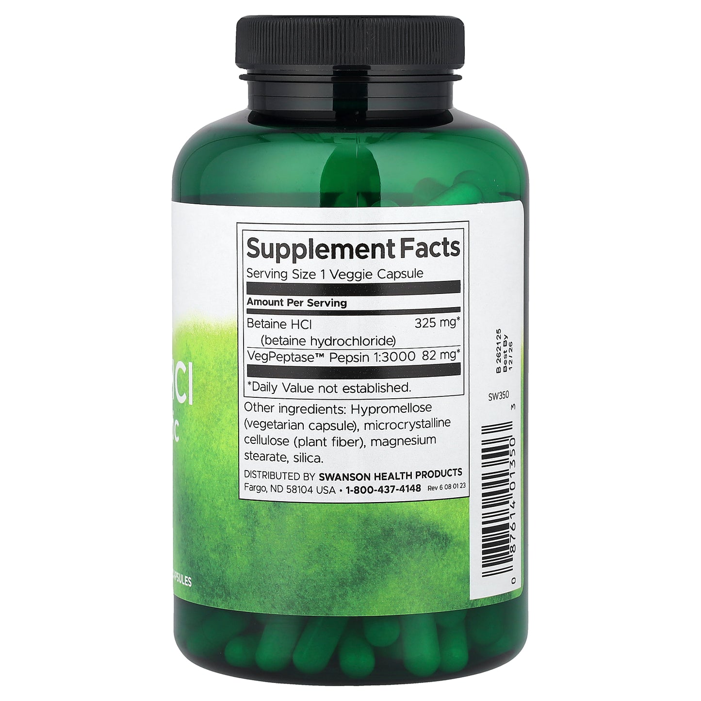 Swanson, Betaine HCl Hydrochloric Acid with VegPeptase™, 250 Veggie Capsules
