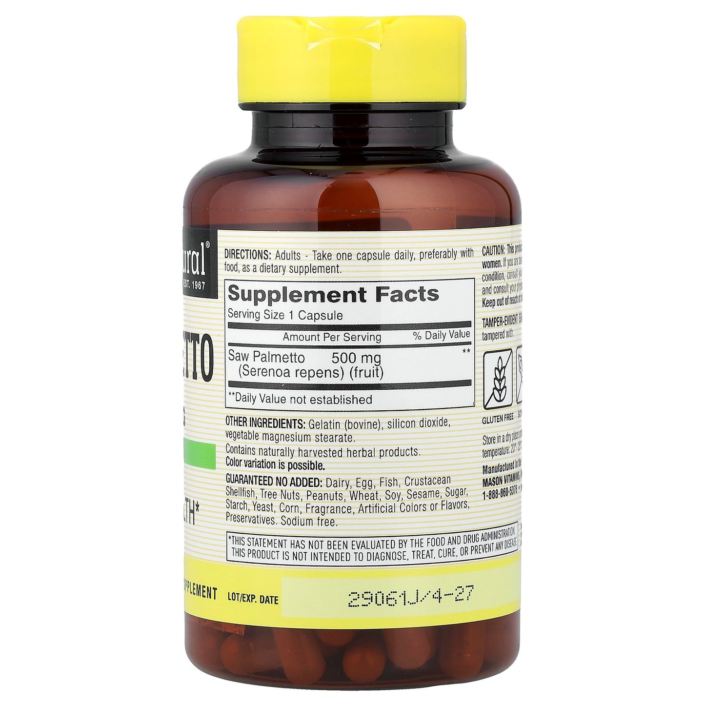 Mason Natural, Whole Herb Saw Palmetto, 500 mg, 90 Capsules