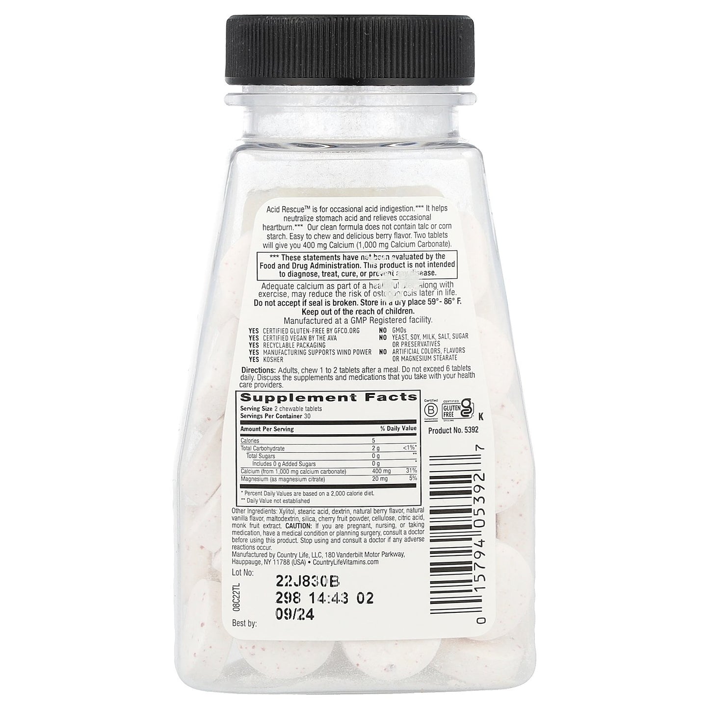 Country Life, Acid Rescue, Calcium Carbonate, Berry, 60 Chewable Tablets