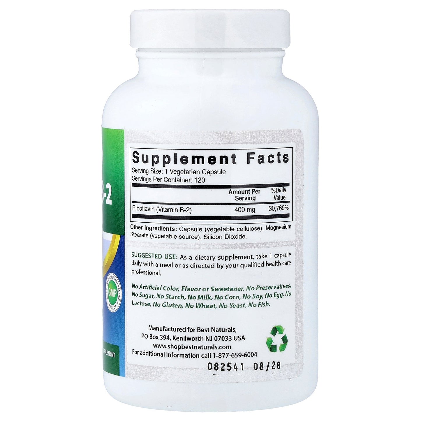 Best Naturals, Vitamin B-2 (Riboflavin), 400 mg, 120 Vegetarian Capsules