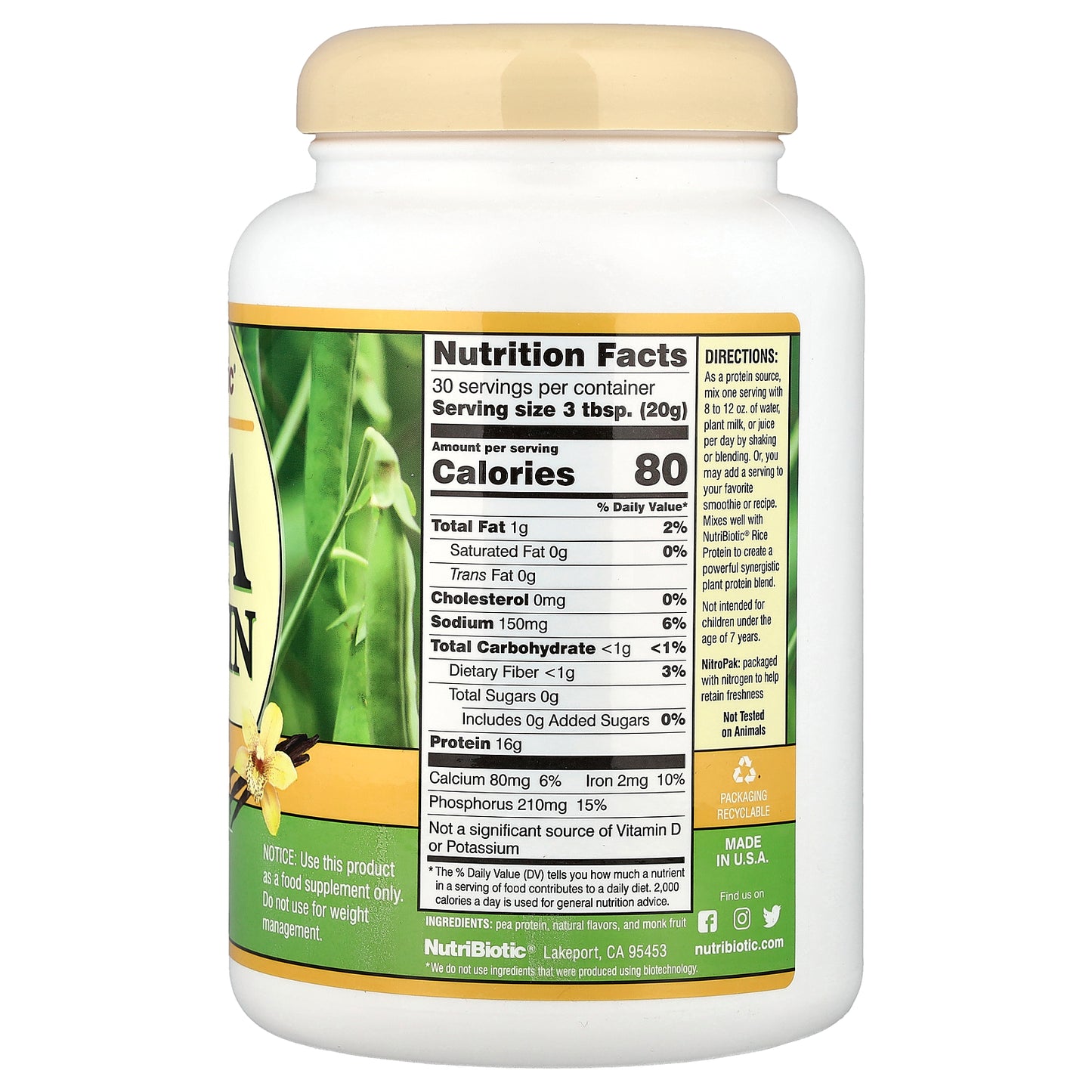 NutriBiotic, Pea Protein Powder, Vanilla , 21.16 oz (600 g)