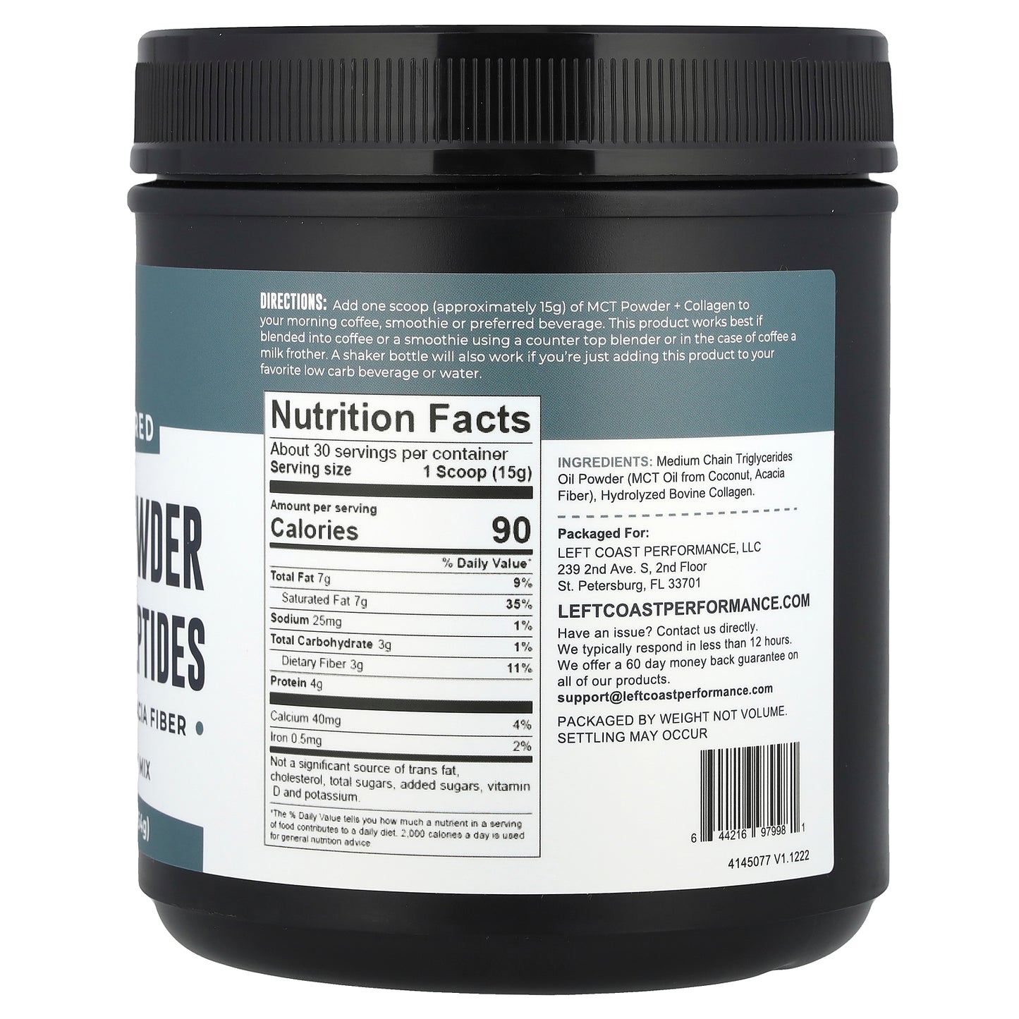 Left Coast Performance, MCT Oil Powder Collagen Peptides with Prebiotic Acacia Fiber, Unflavored, 1 lb (454 g)