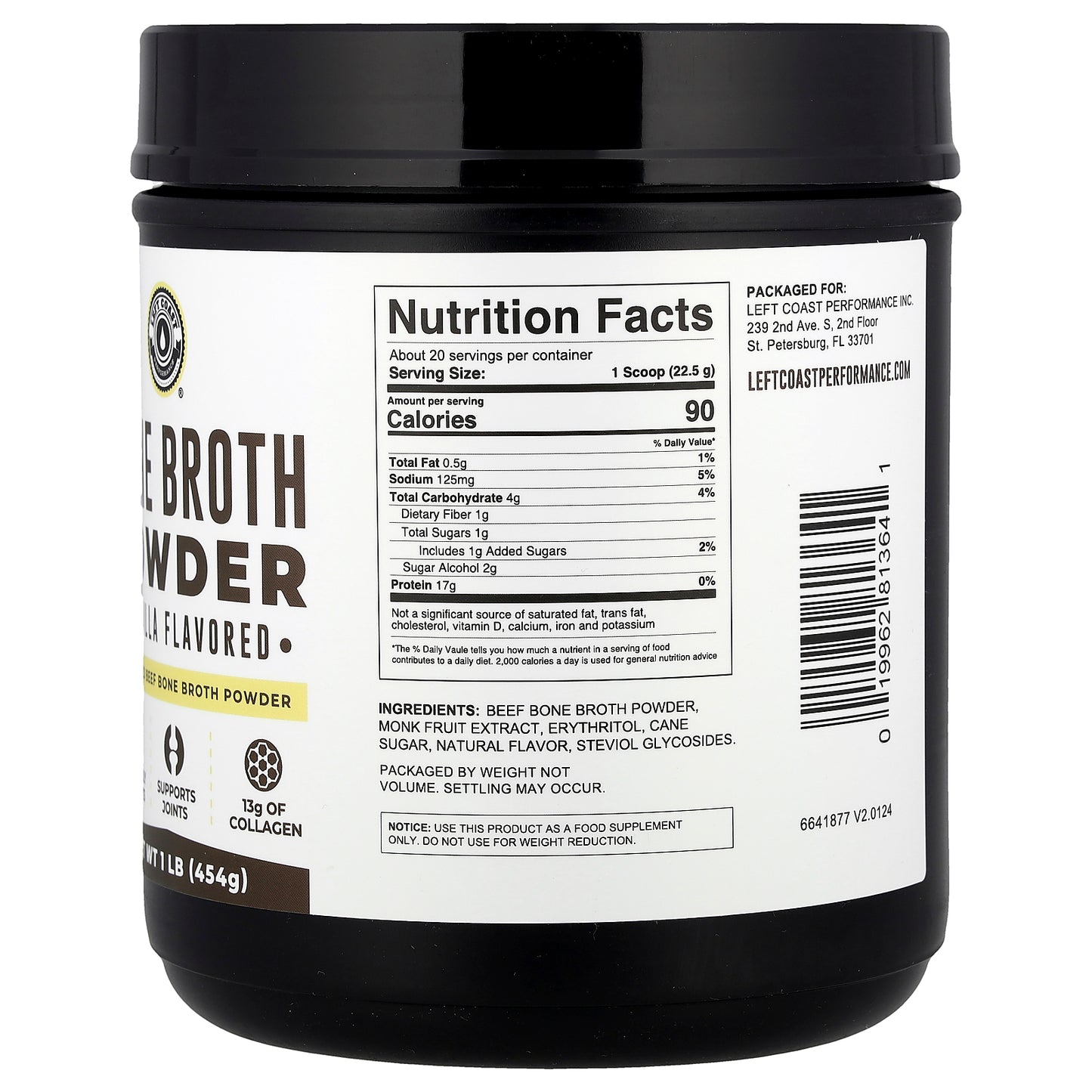 Left Coast Performance, Bone Broth Powder, Vanilla, 1 lb (454 g)