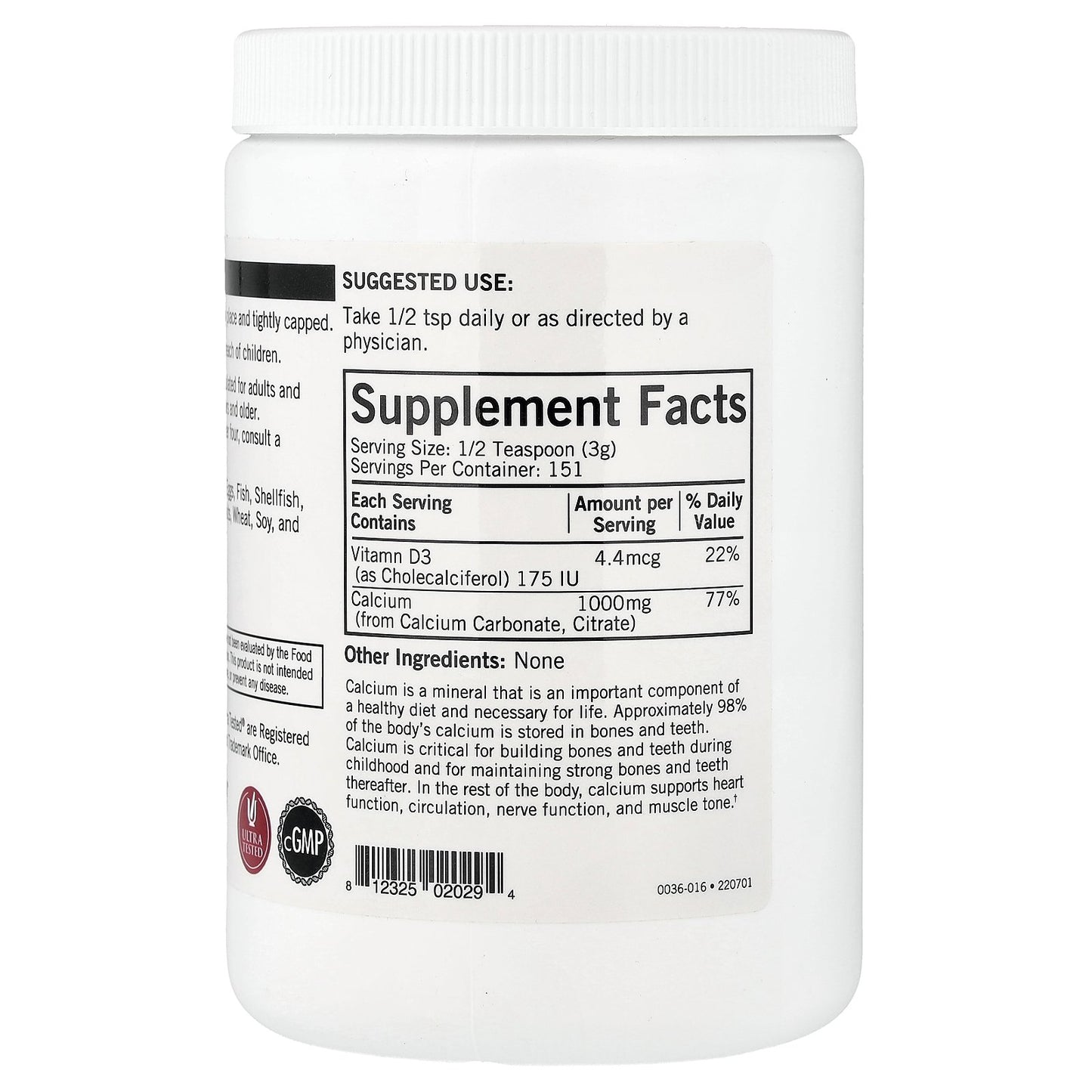 Kirkman Labs, Calcium Powder Plus Vitamin D3, Unflavored, 16 oz (454 g)