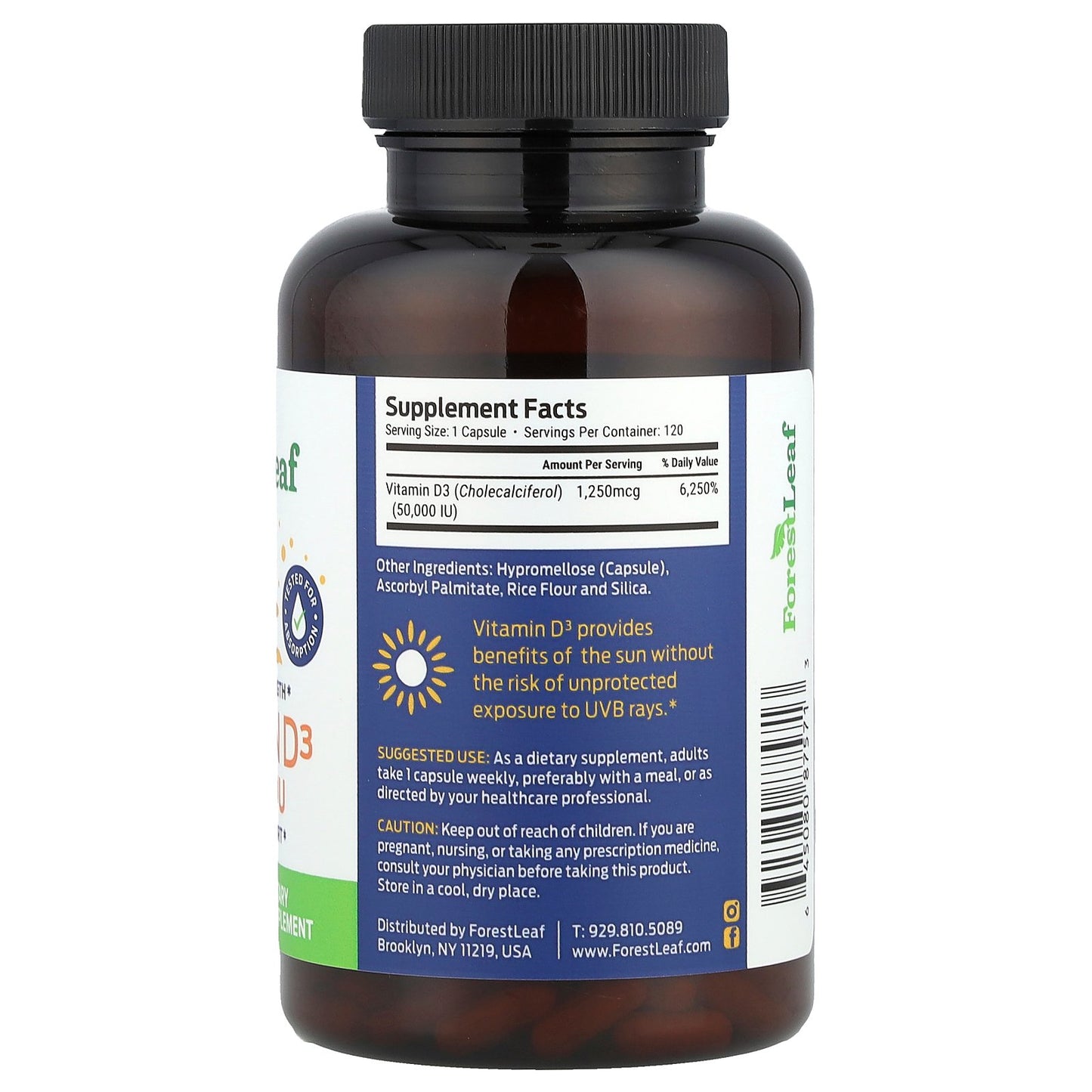 Forest Leaf, Maximum Strength, Vitamin D3, 1,250 mcg (50,000 IU), 120 Vegetable Capsules