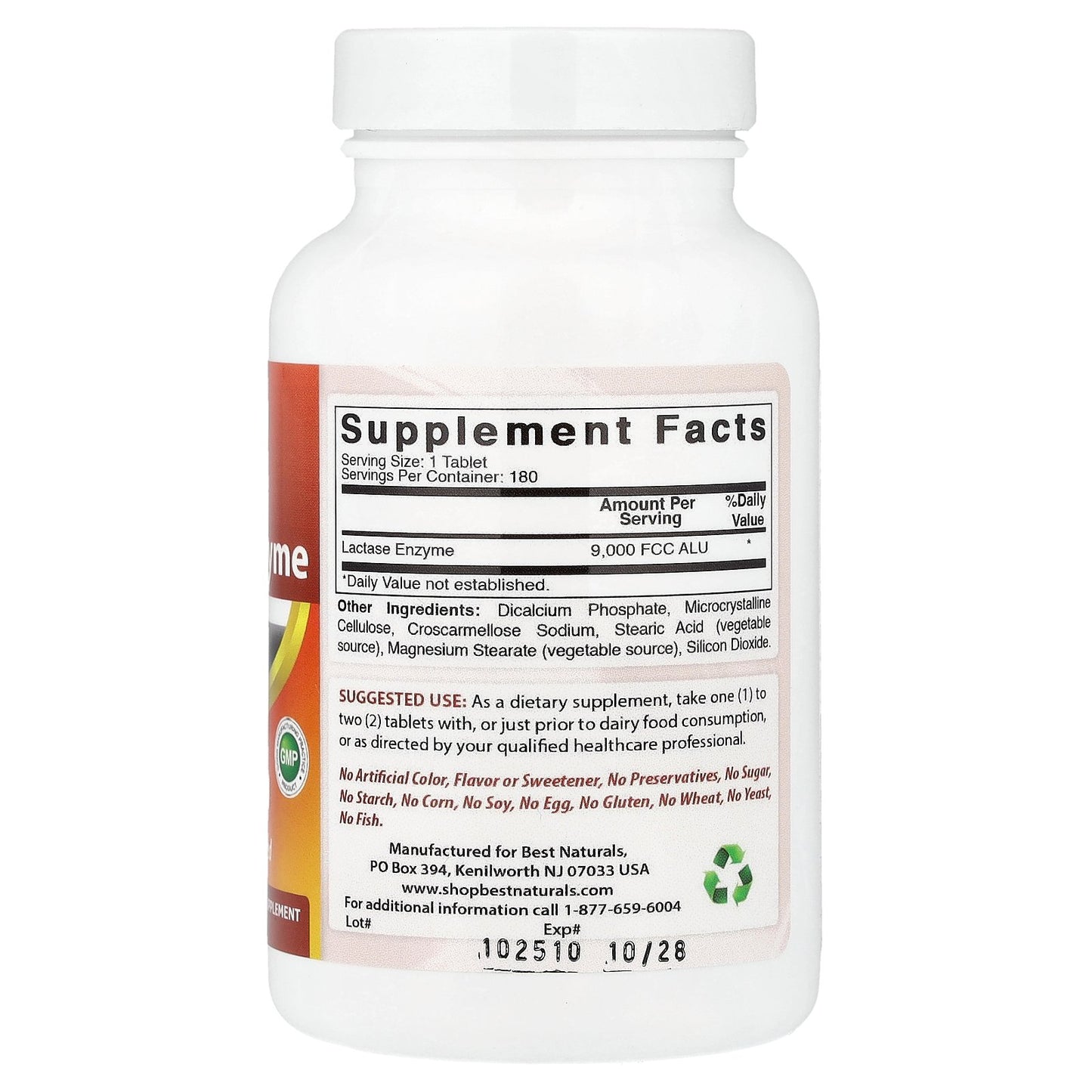 Best Naturals, Natural Lactase Enzyme, 9,000 FCC ALU, 180 Tablets